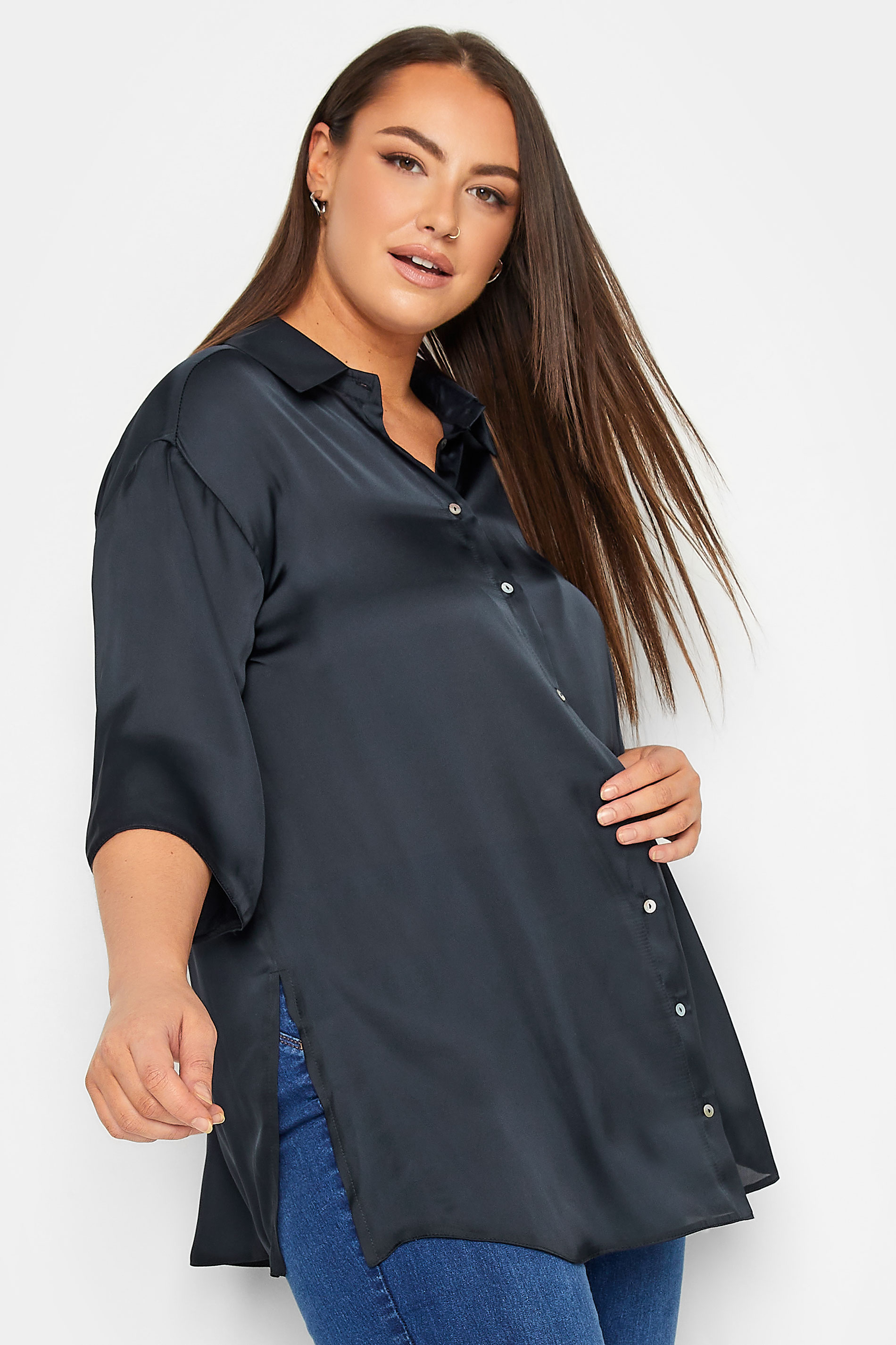 YOURS Curve Plus Size Navy Blue Satin Shirt | Yours Clothing  2