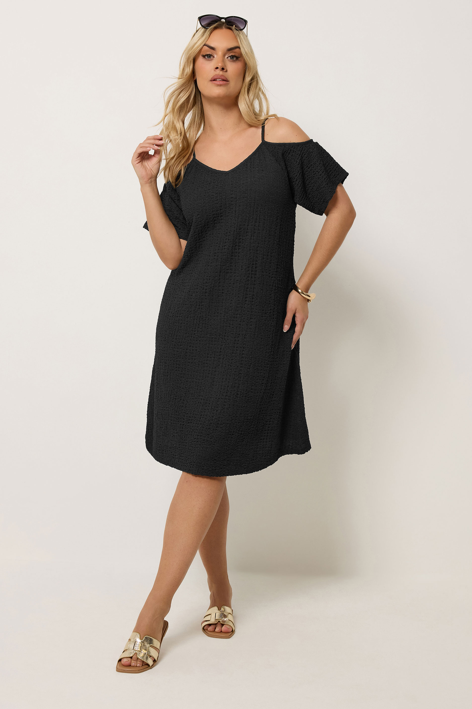 YOURS Plus Size Black Texture Cold Shoulder Dress | Yours Clothing 1