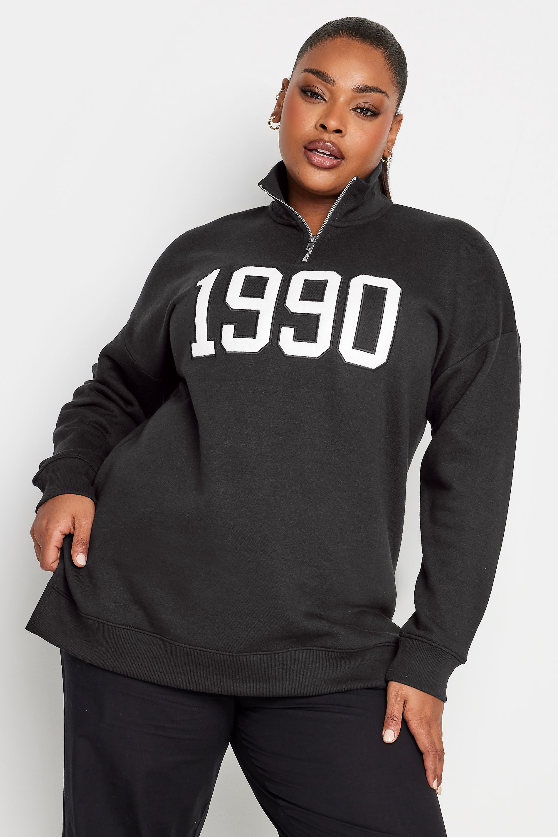 YOURS Plus Size Black '1990' Quarter Zip Sweatshirt | Yours Clothing 1
