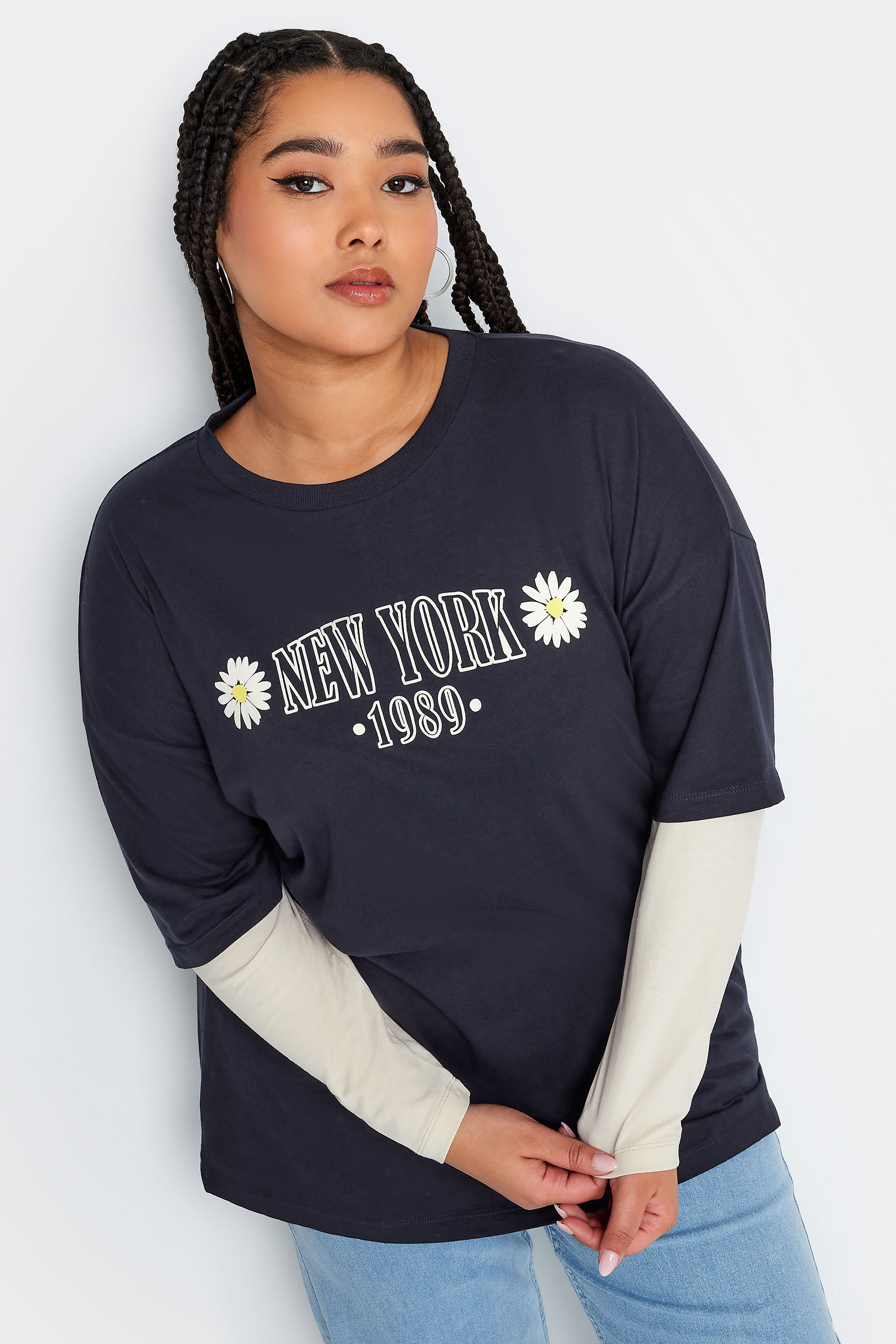 YOURS Plus Size Navy Blue 2 In 1 'New York' Print Top | Yours Clothing 1