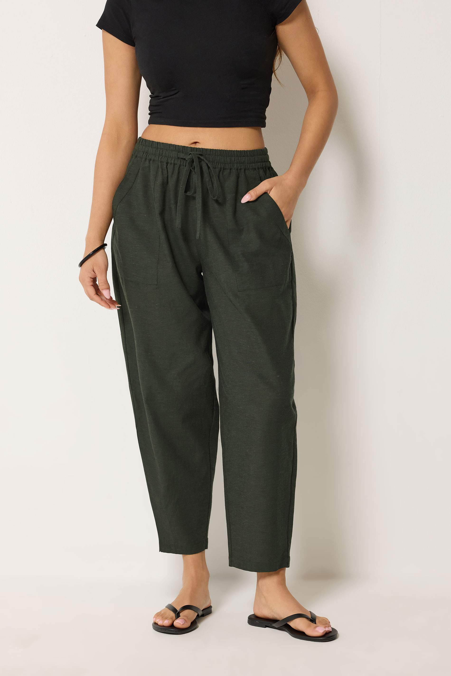 PixieGirl Petite Women's Olive Green Linen Barrel Trousers | PixieGirl 1