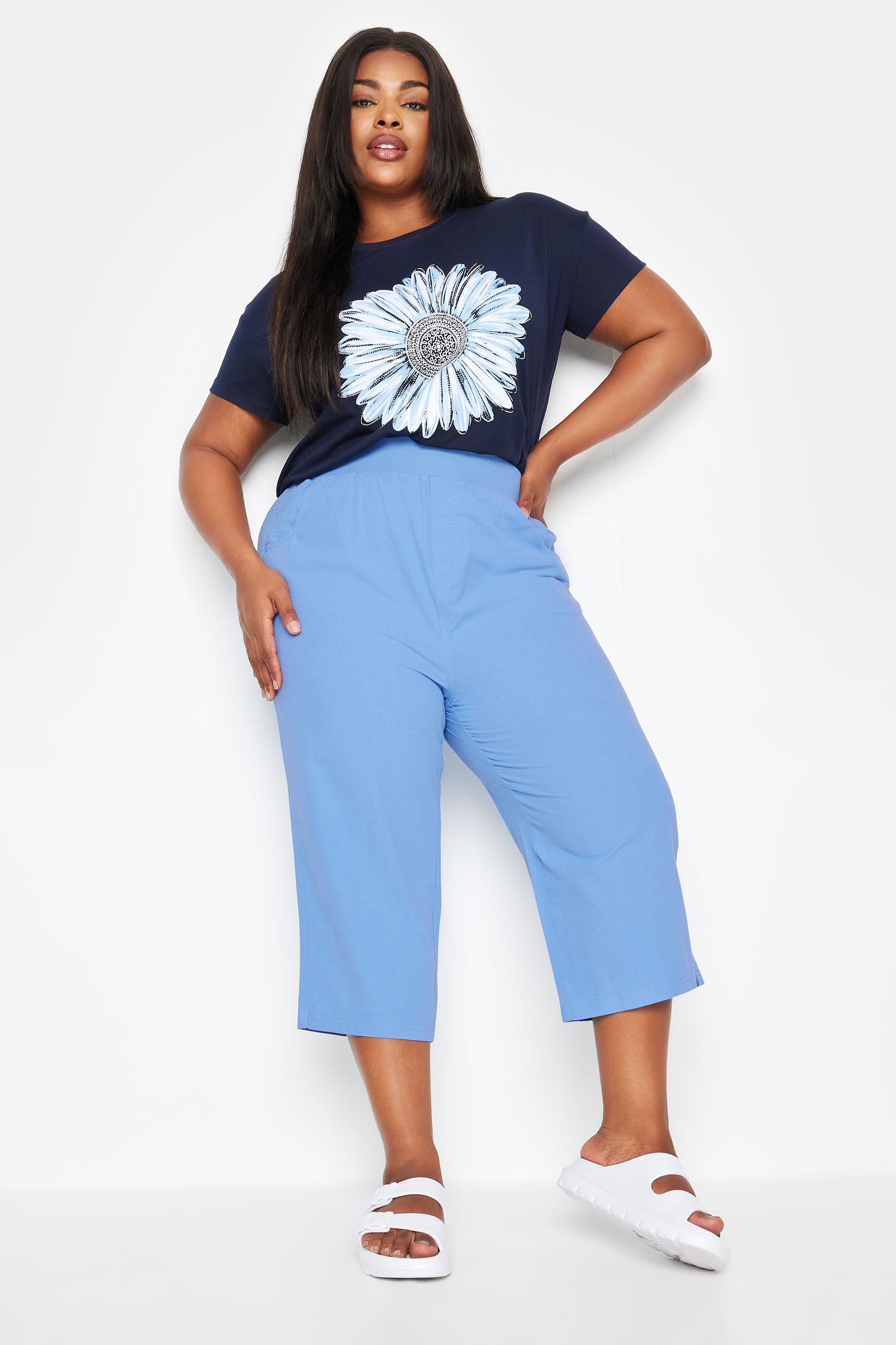 YOURS Plus Size Light Blue Elasticated Cool Cotton Cropped Trousers | Yours Clothing 2
