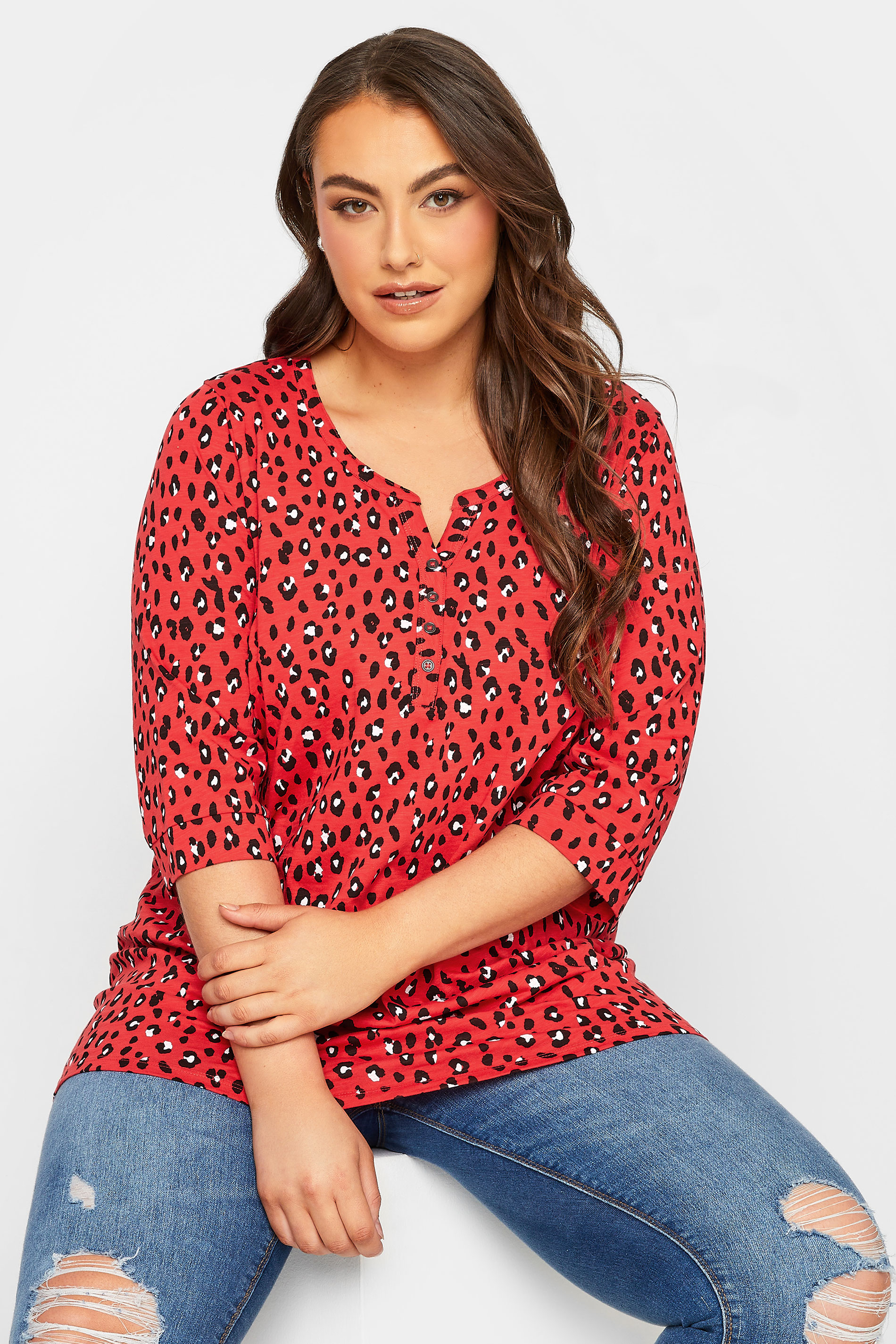 YOURS Plus Size Red Leopard Print Henley T-Shirt | Yours Clothing 1