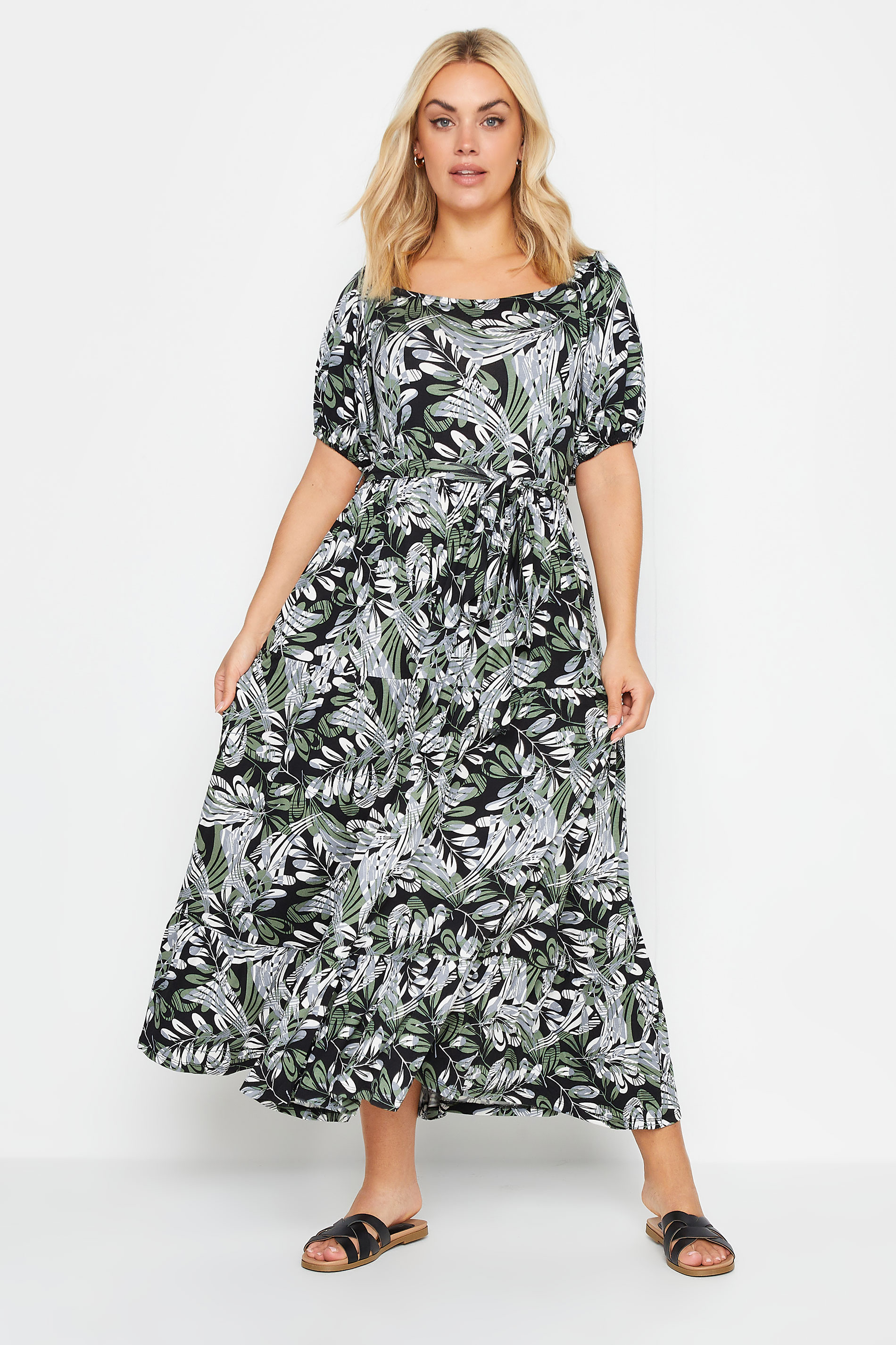 YOURS Plus Size Green Leaf Print Tiered Maxi Dress | Yours Clothing 1