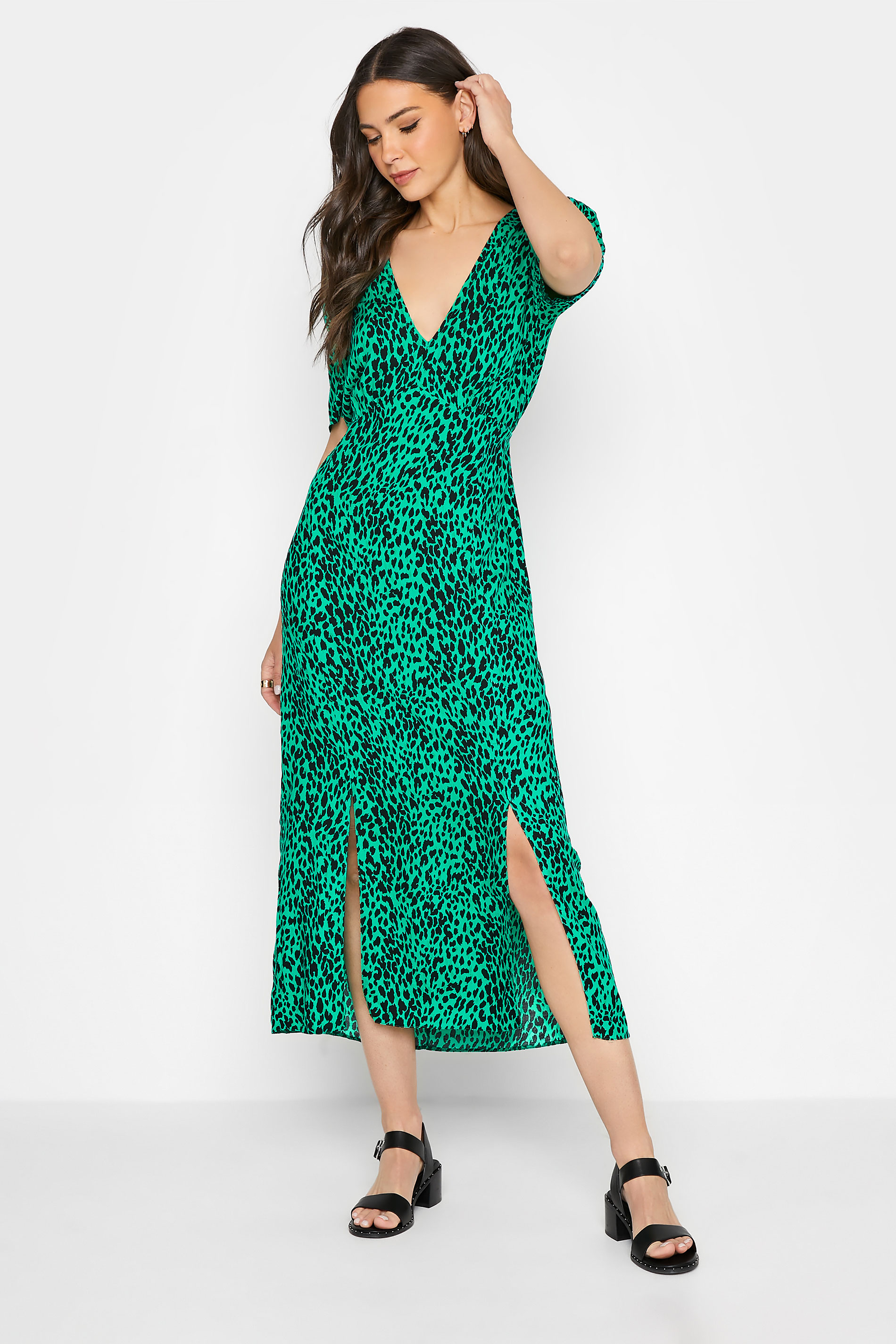 LTS Tall Green Leopard Print Midi Tea Dress_A.jpg