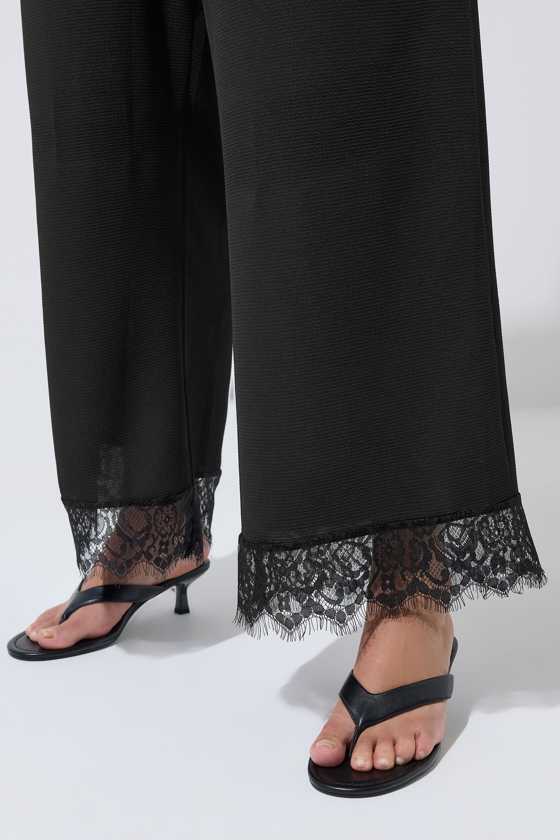 LIMITED COLLECTION Plus Size Black Lace Hem Wide Leg Trousers | Yours Clothing 4