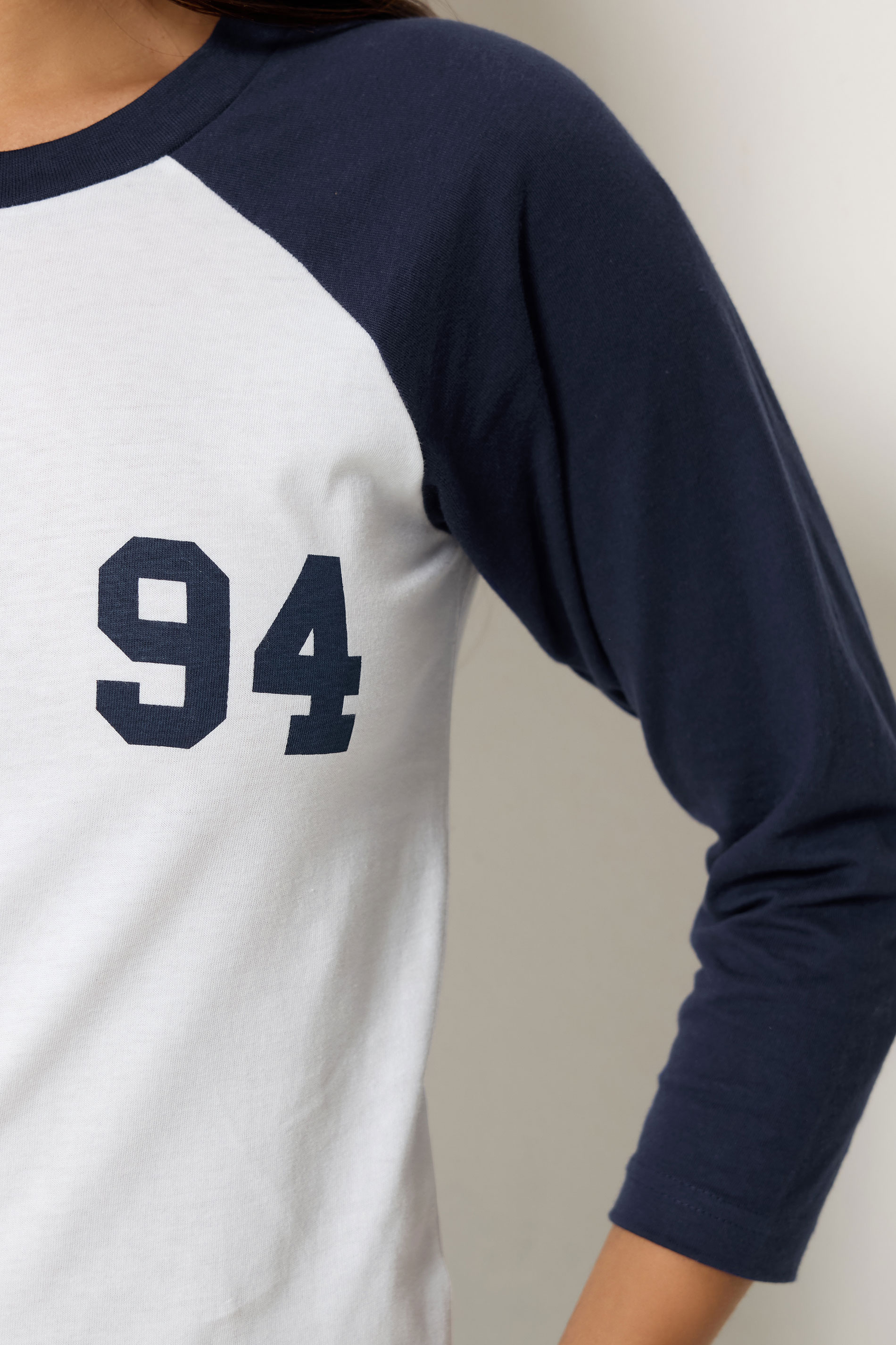 PixieGirl Petite Women's Navy Blue '94' Slogan Cotton Raglan T-Shirt | PixieGirl 4