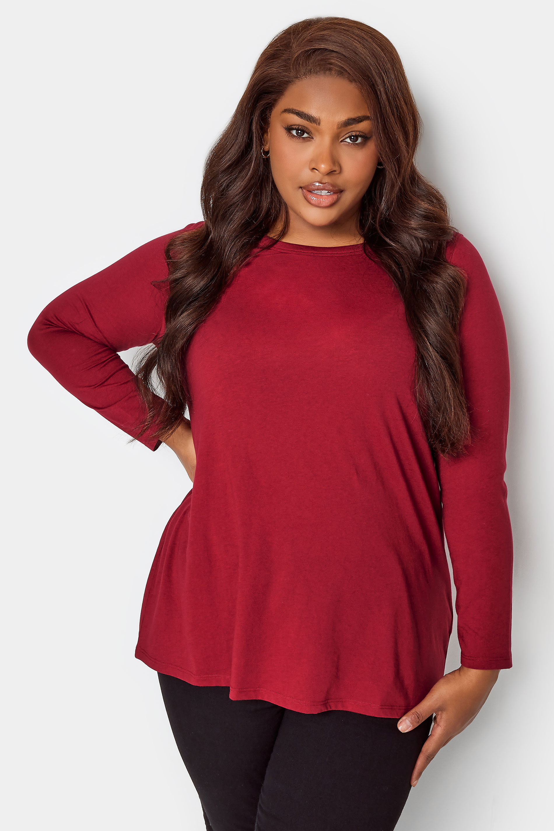 YOURS Curve Plus Size Red Long Sleeve Basic Top | Yours Clothing  1