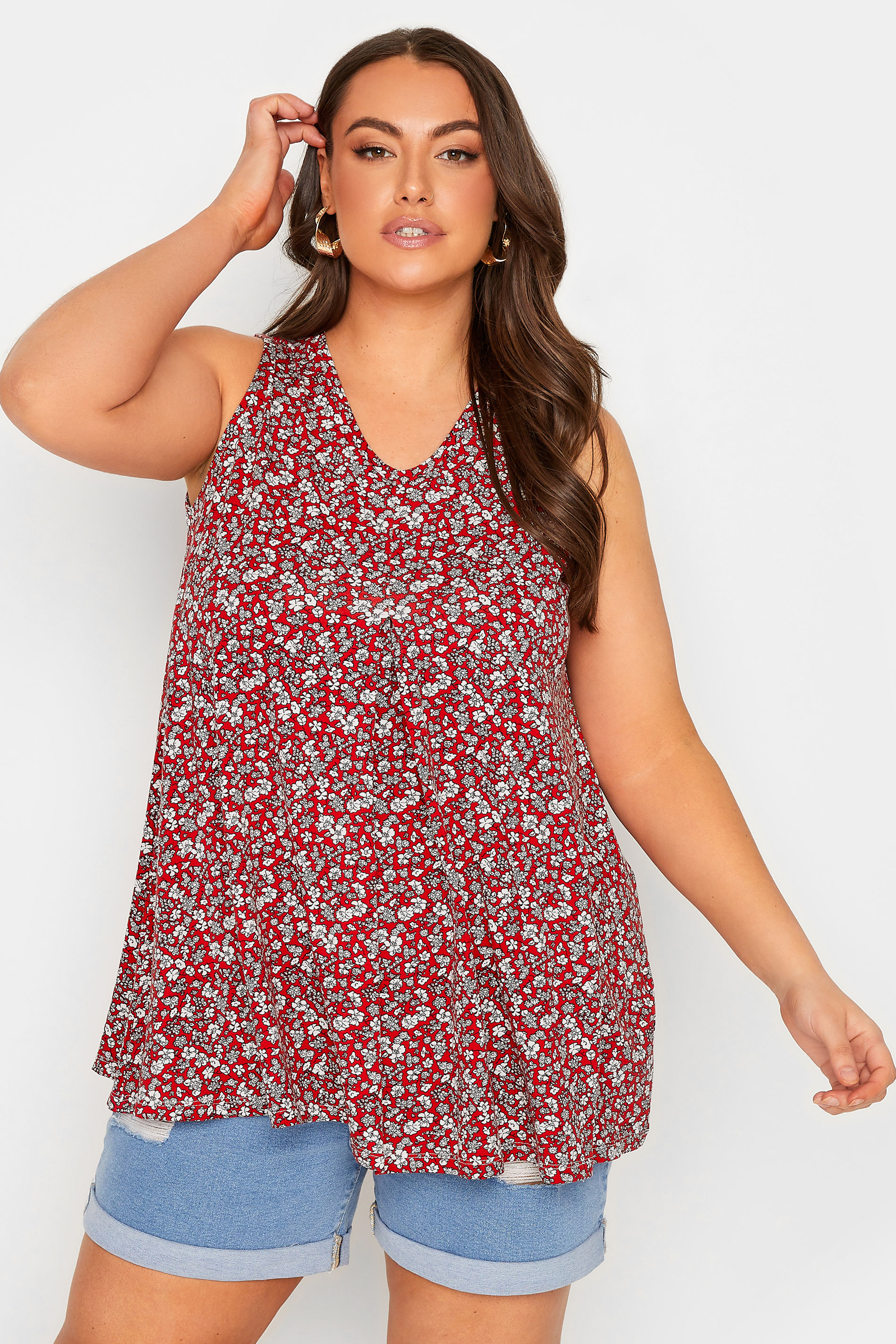 YOURS Plus Size Red Floral Print Pleat Front Vest Top | Yours Clothing 1