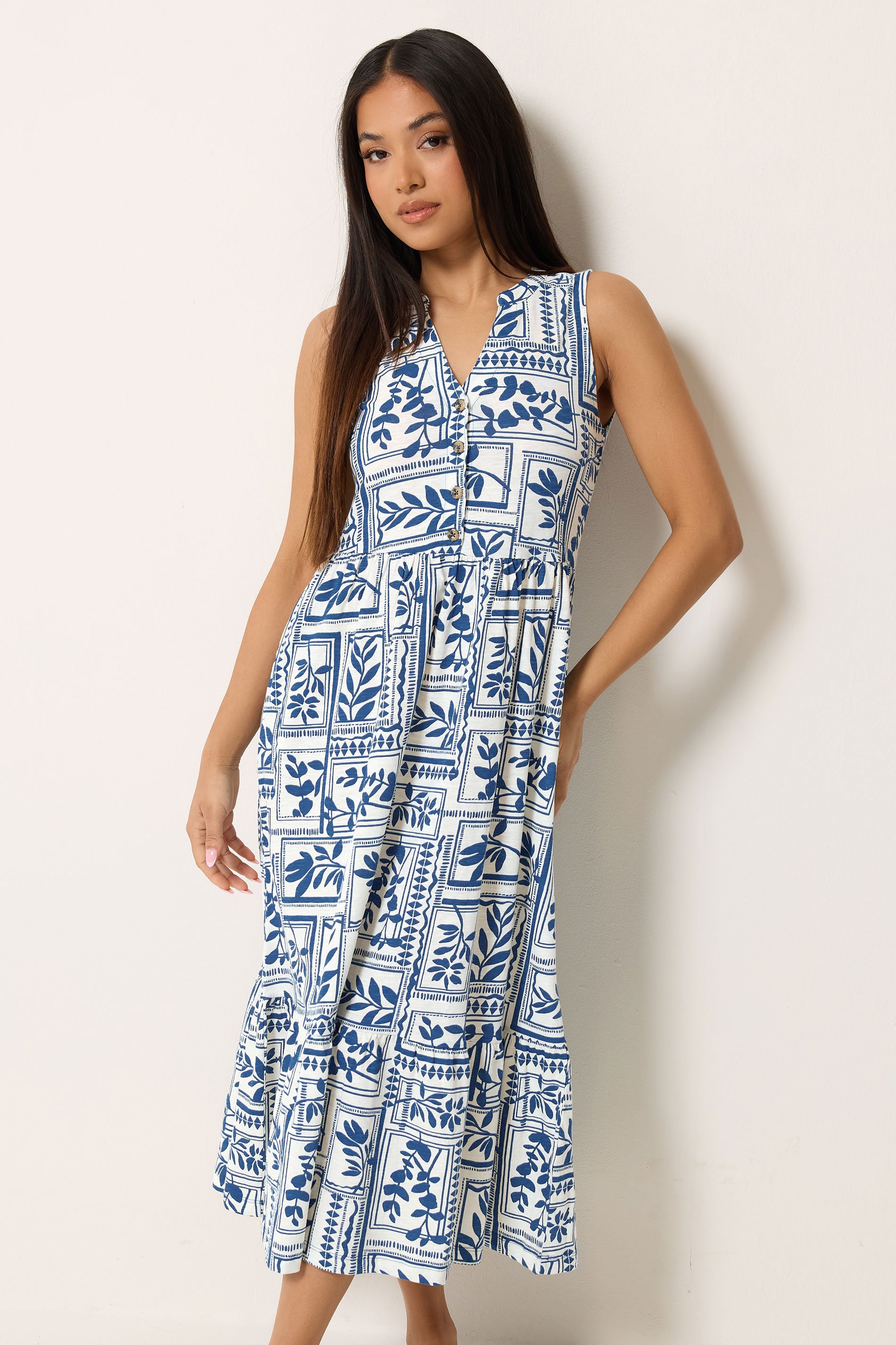 M&Co Petite Blue Leaf Print Sleeveless Cotton Midi Dress | M&Co 3