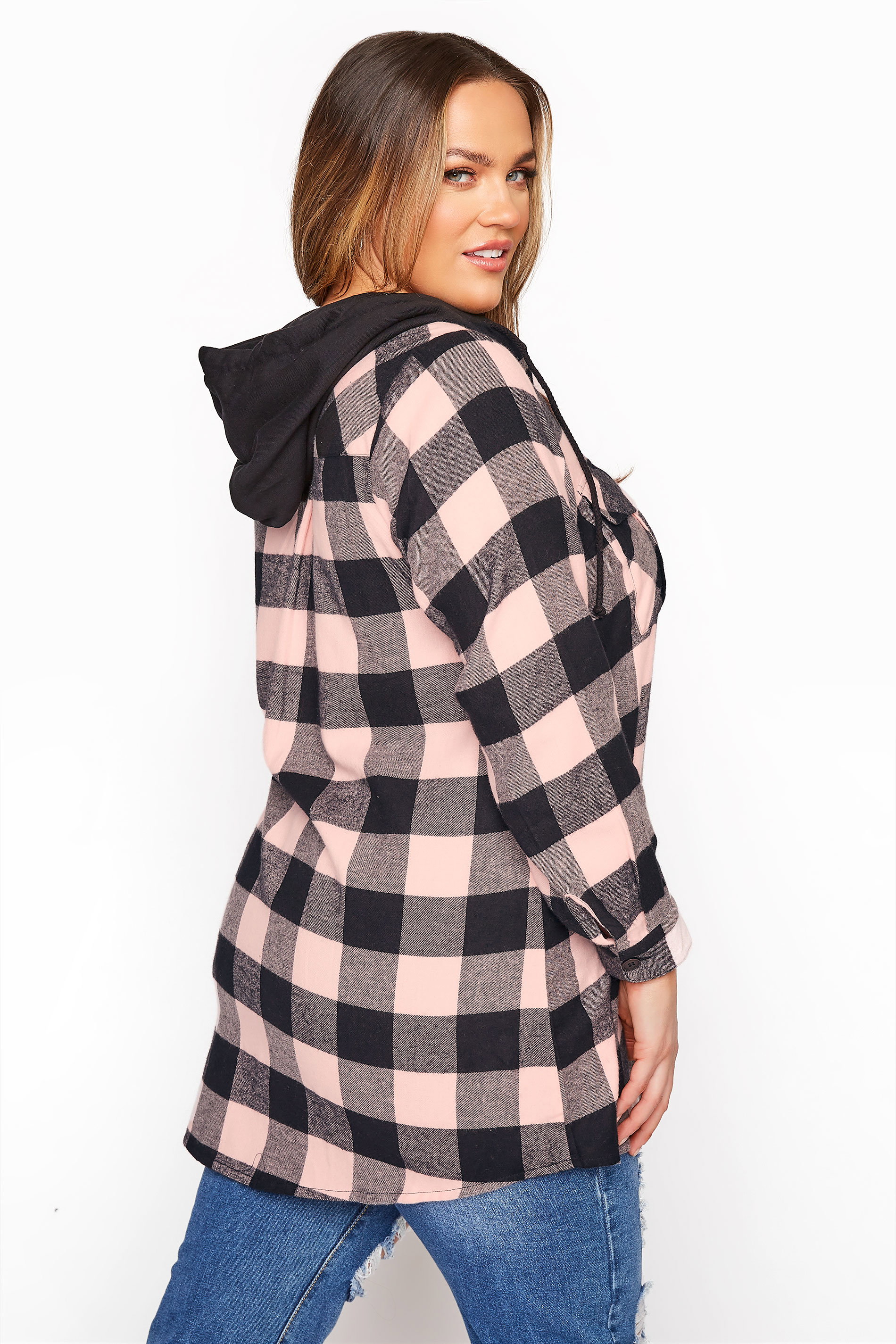 Pink Check Brushed Hooded Shirt | Yours 