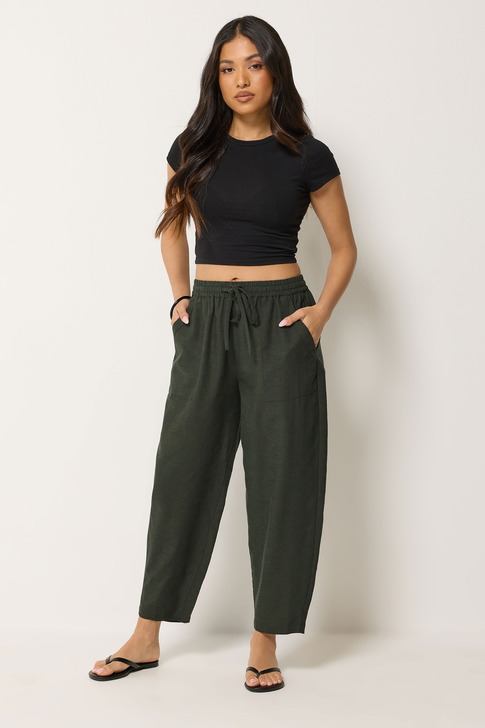 PixieGirl Petite Women's Olive Green Linen Barrel Trousers | PixieGirl 3