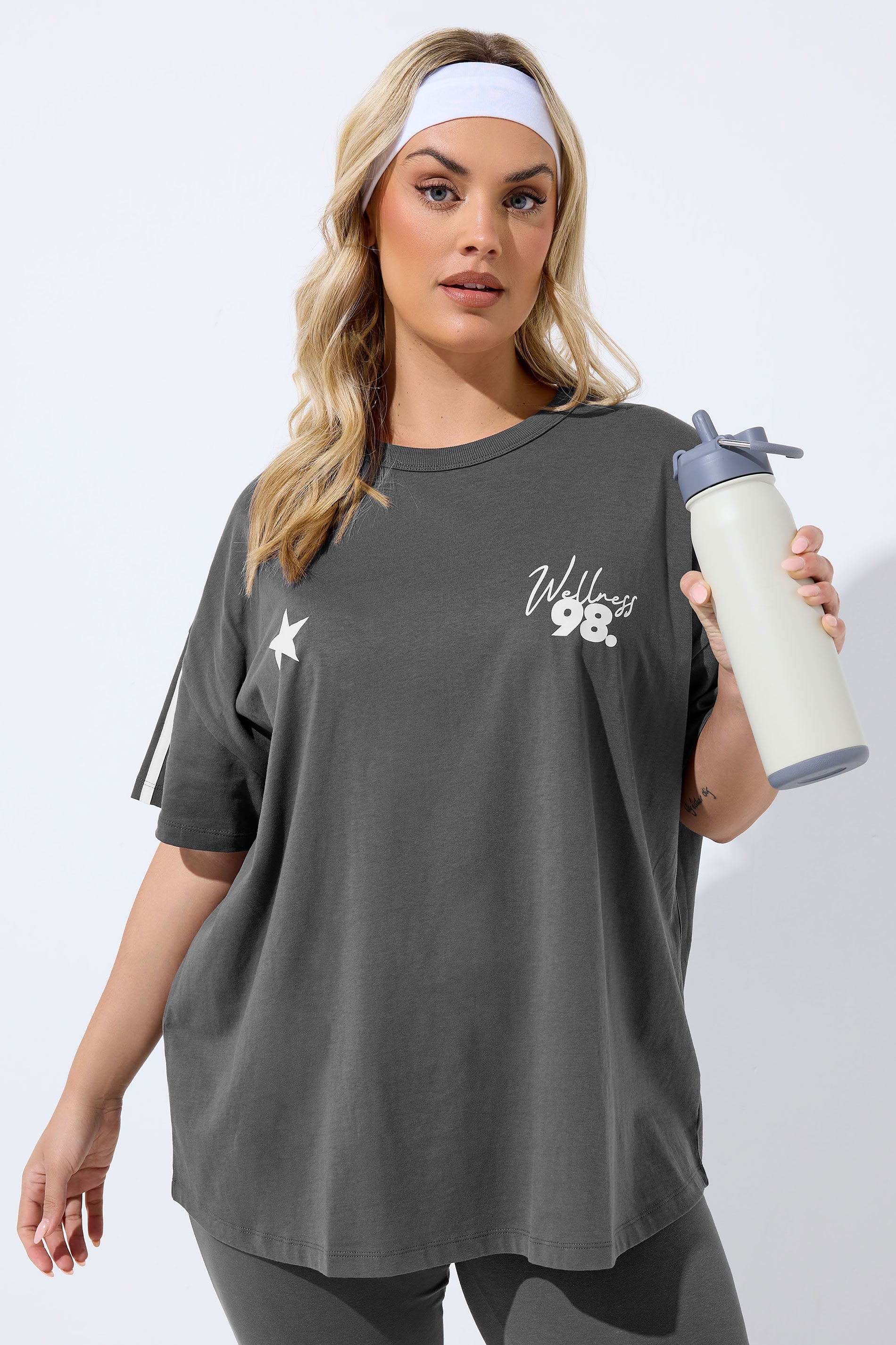 YOURS ACTIVE Plus Size Charcoal Grey 'Wellness Studio' T-Shirt | Yours Clothing 1
