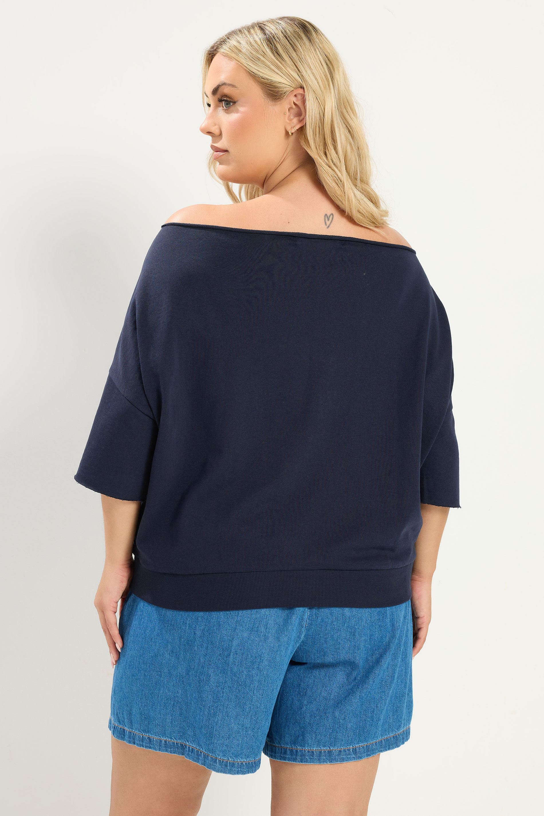 YOURS Plus Size Navy Blue 'Malibu' Off Shoulder Sweatshirt | Yours Clothing 2
