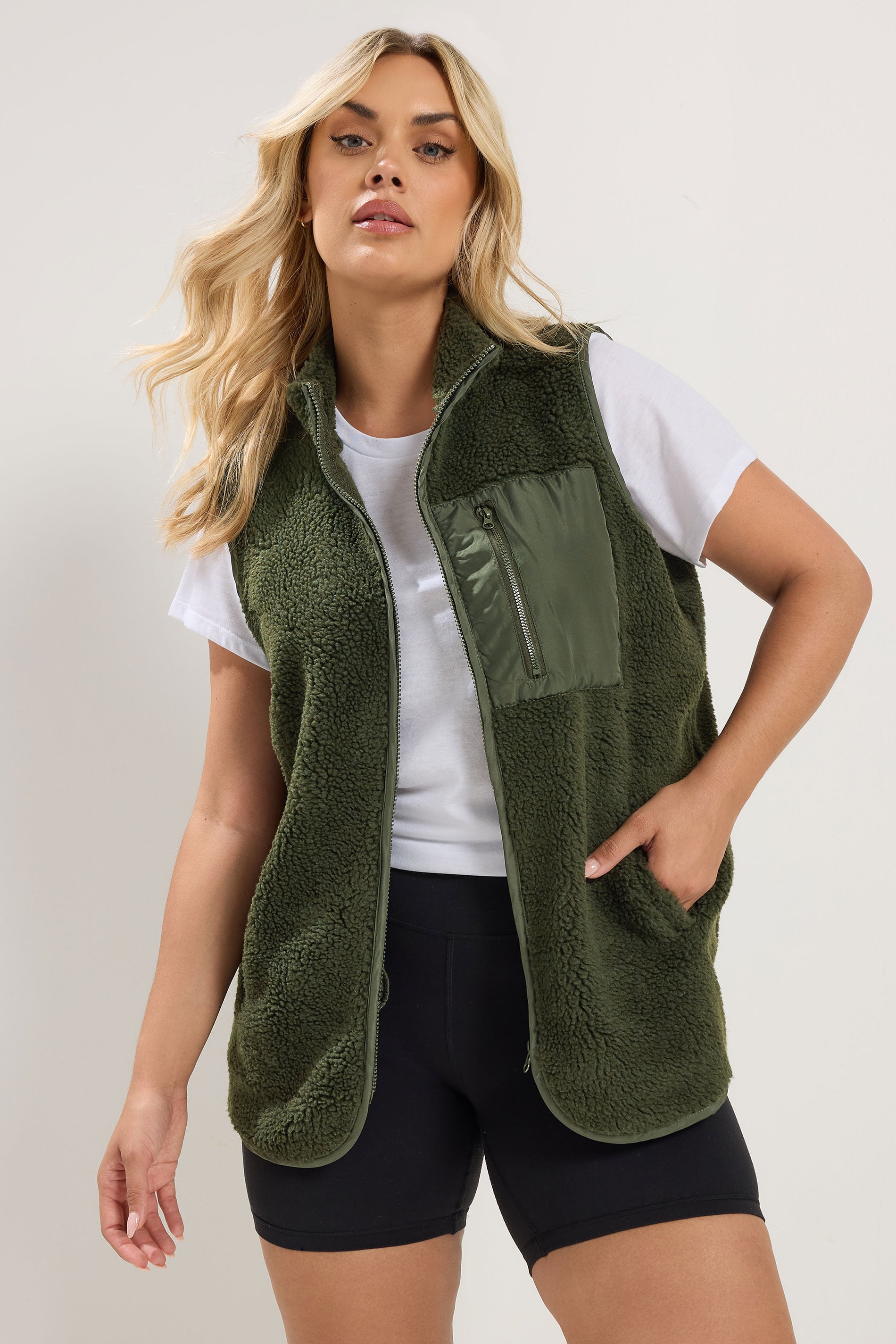 YOURS Plus Size Khaki Green Borg Zip Pocket Gilet | Yours Clothing 1