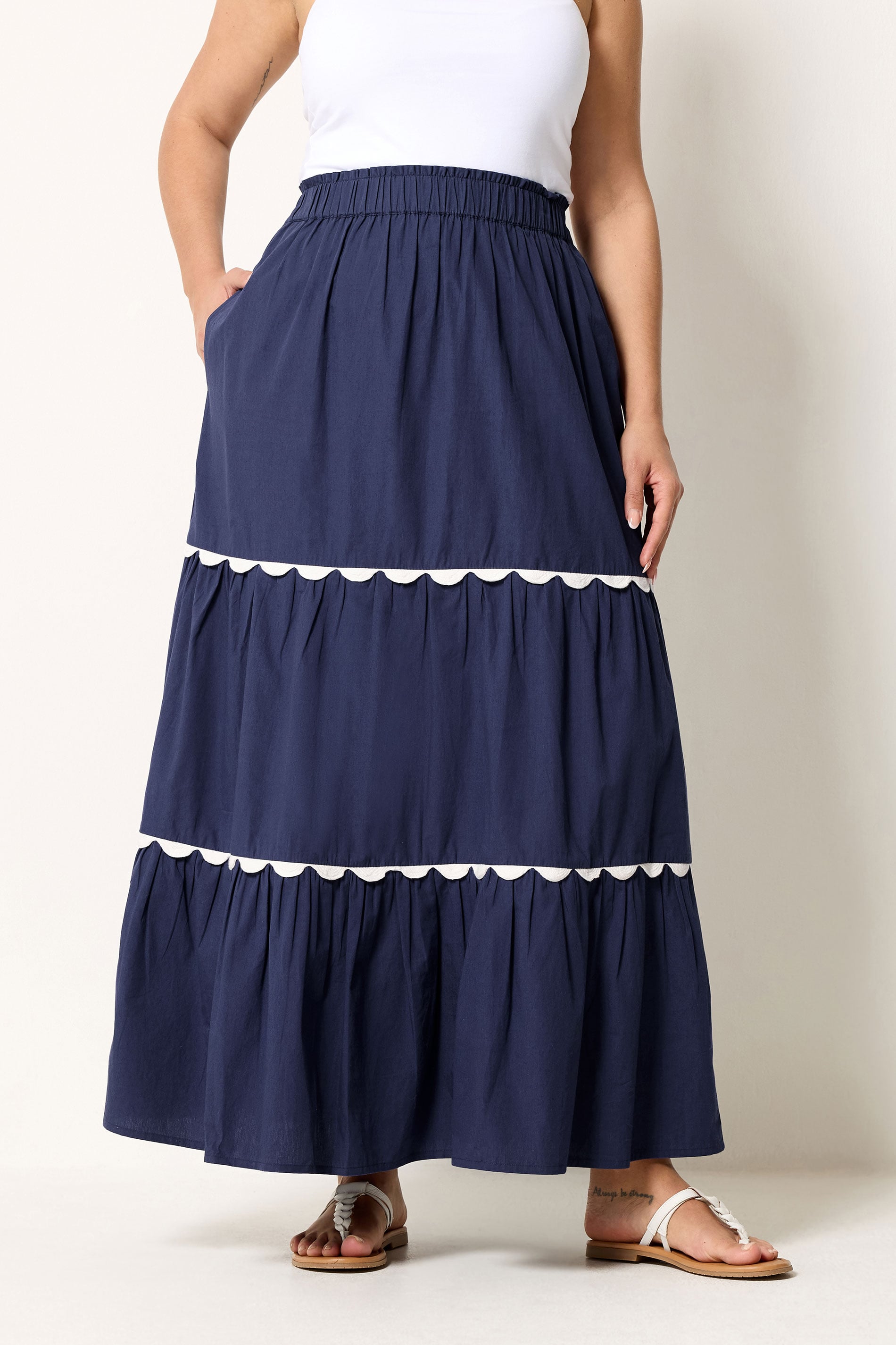 YOURS Plus Size  Navy Blue Scallop Trim Maxi Skirt | Yours Clothing  1