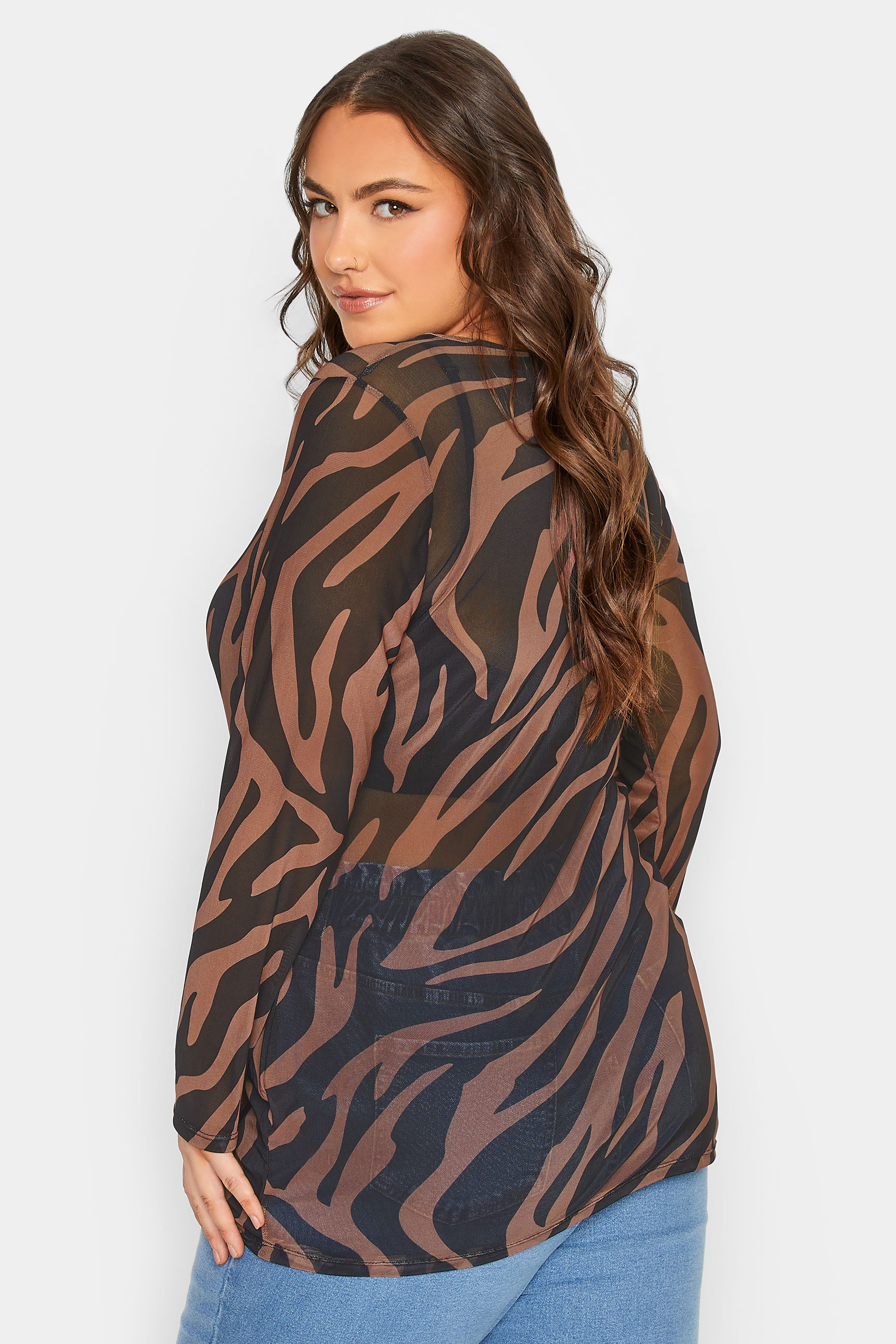 Plus Size Black & Brown Zebra Print Long Sleeve Mesh Top | Yours Clothing 3