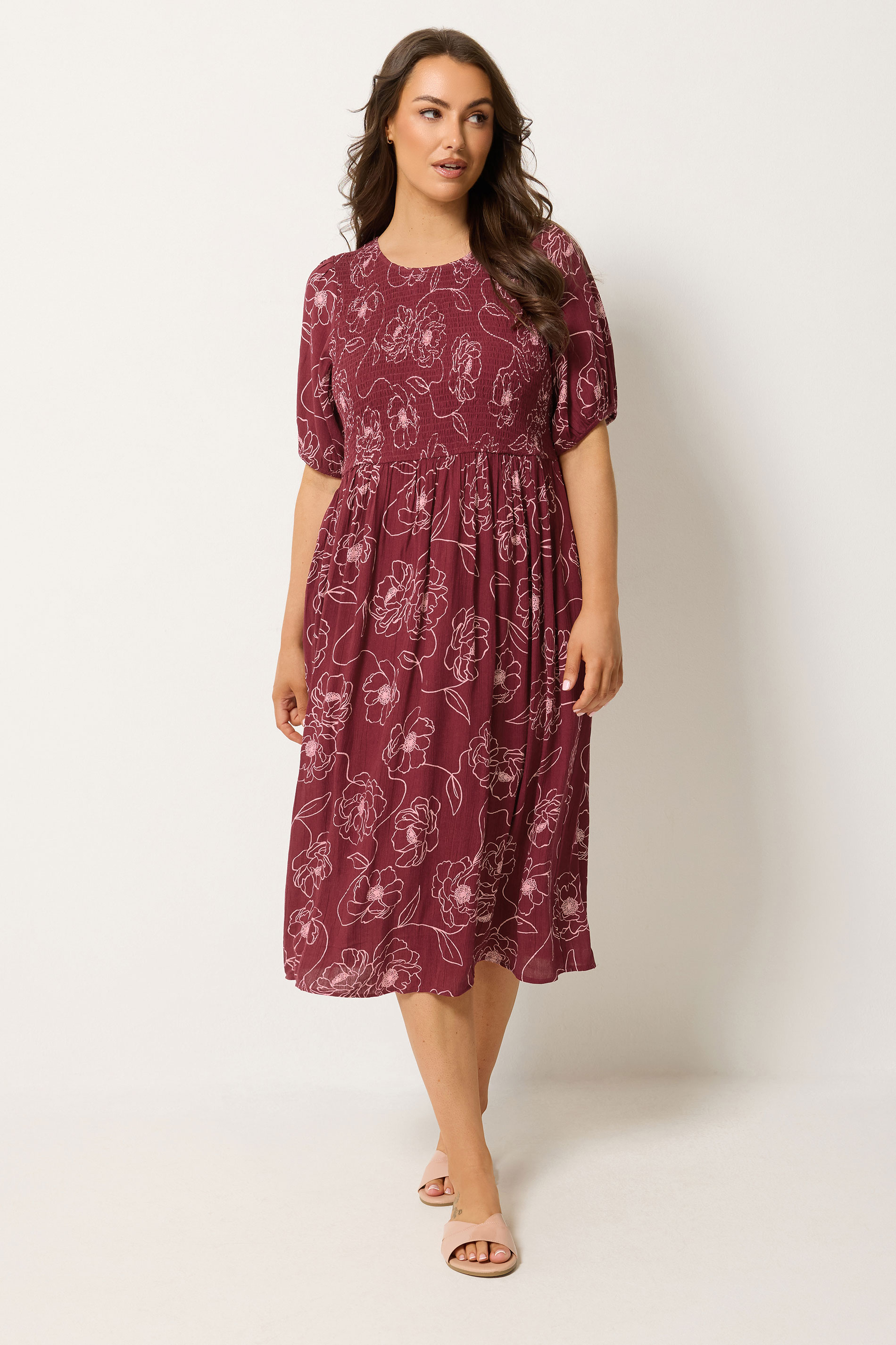 YOURS Plus Size Red Floral Swirl Puff Sleeve Shirred Dress  | Yours Clothing 1