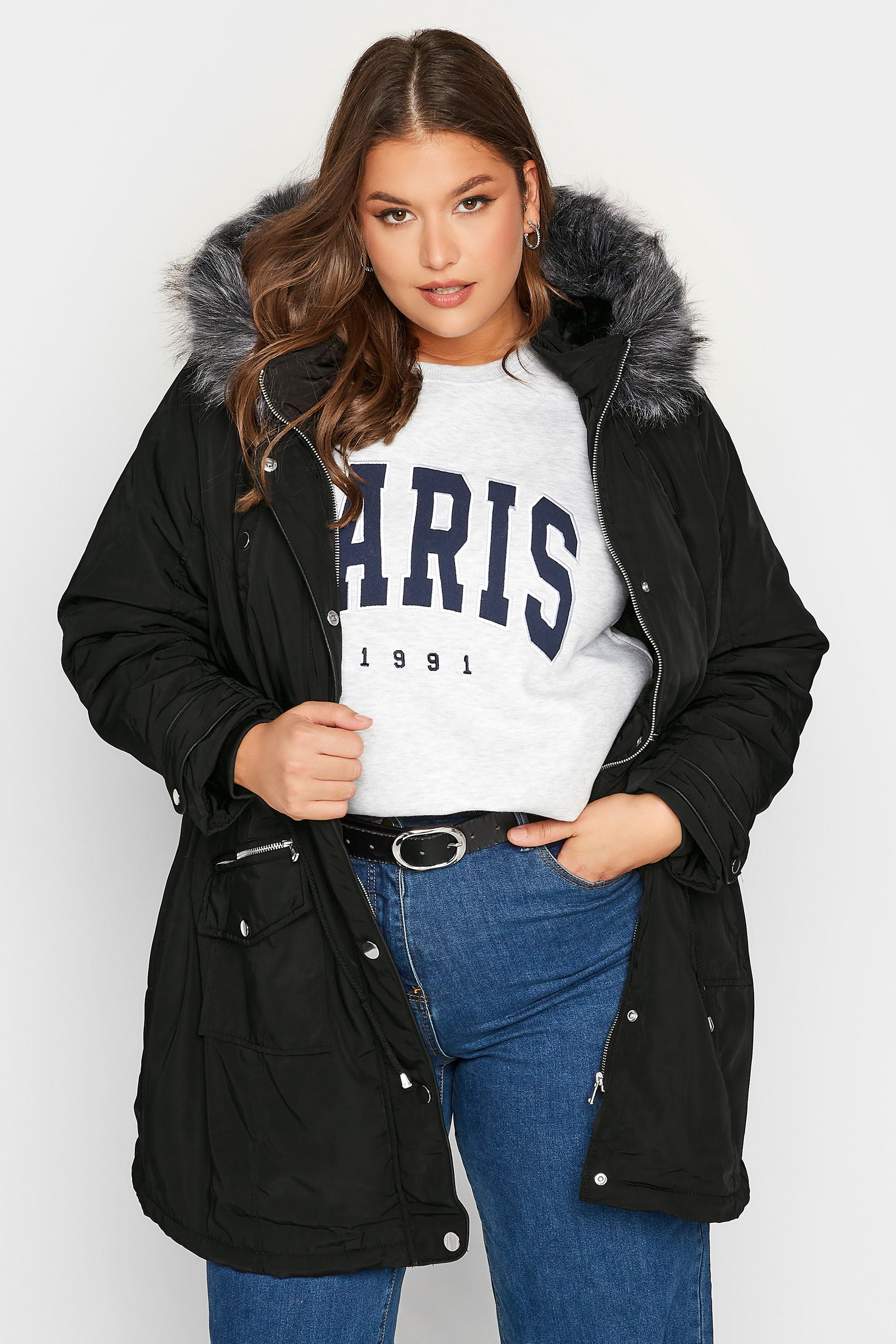 Plus Size Black Plush Fur Trim Parka Coat | Yours Clothing 1