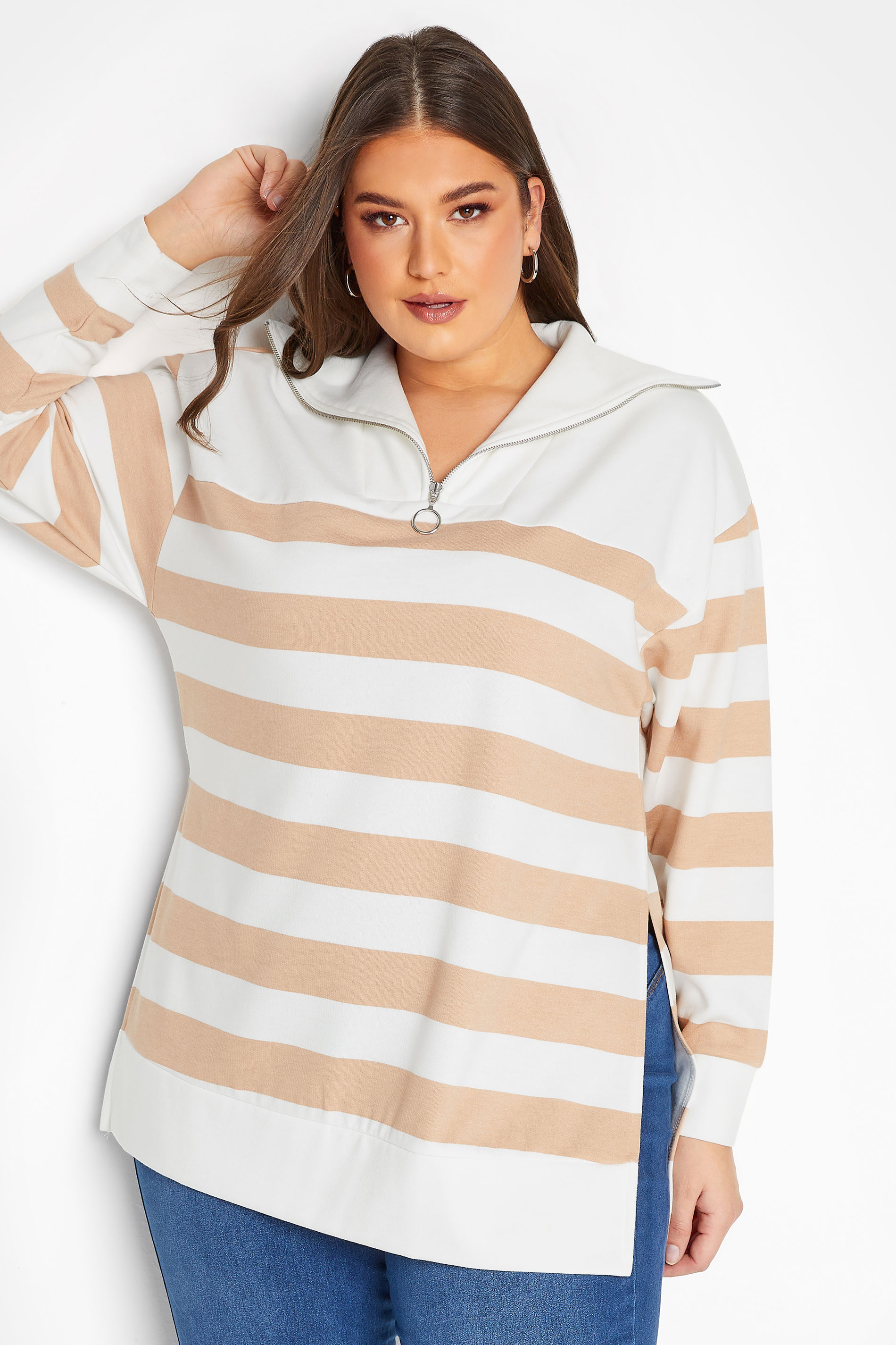 YOURS Plus Size White & Beige Brown Stripe Quarter Zip Jumper | Yours Clothing 1