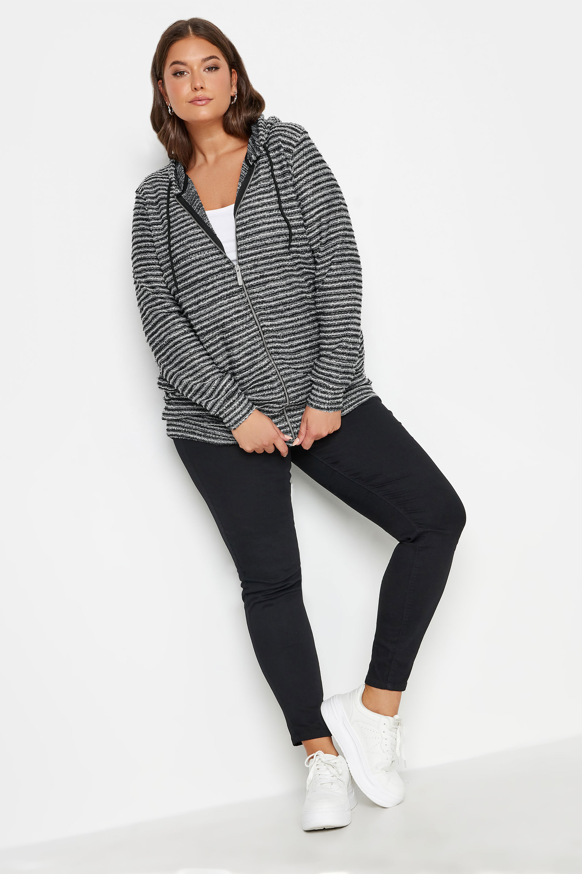 YOURS Plus Size Black & White Textured Knit Zip Up Hoodie | Yours Clothing 2