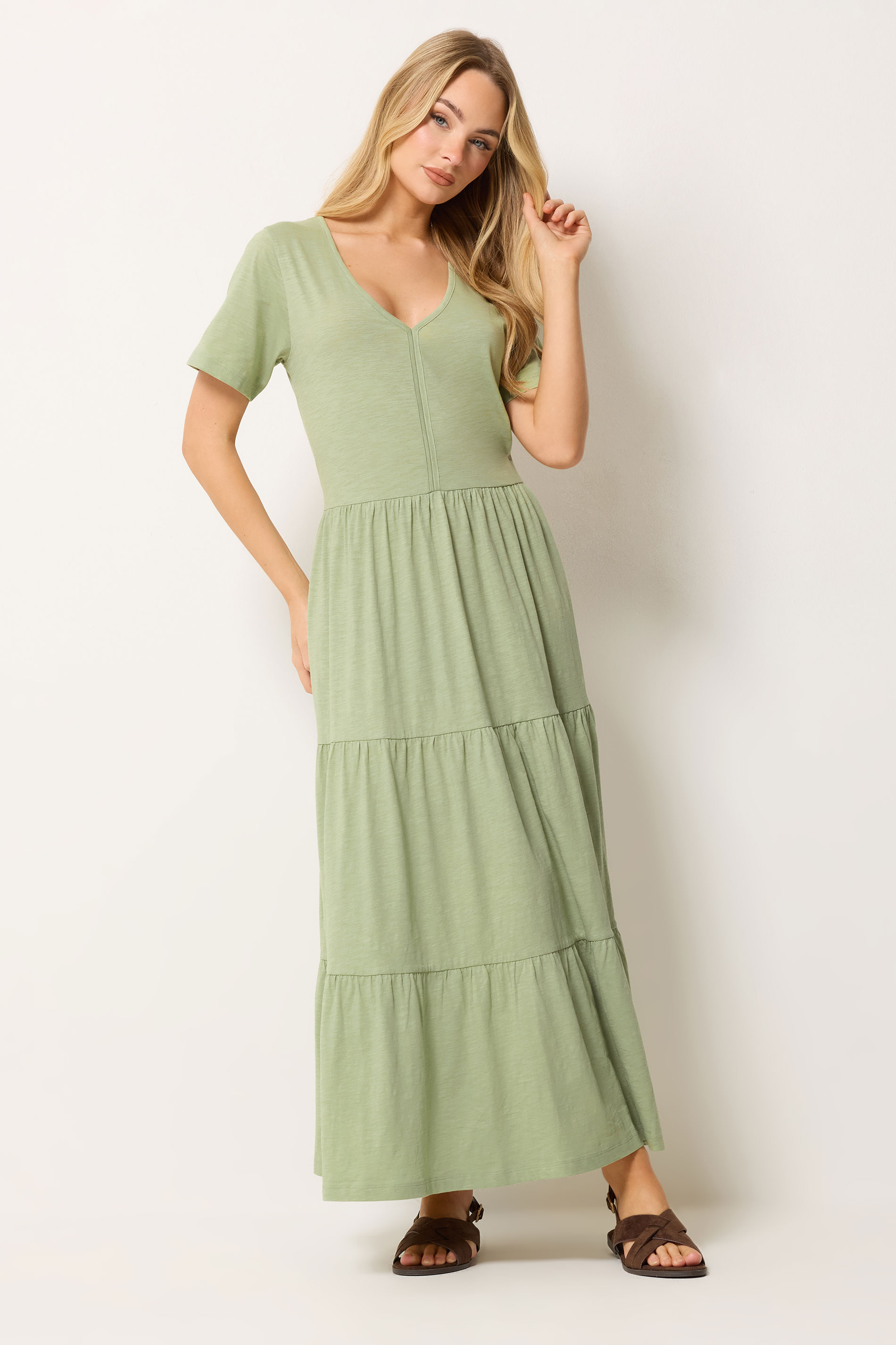 M&Co Sage Green Notch Neck Tiered Cotton Maxi Dress | M&Co 3