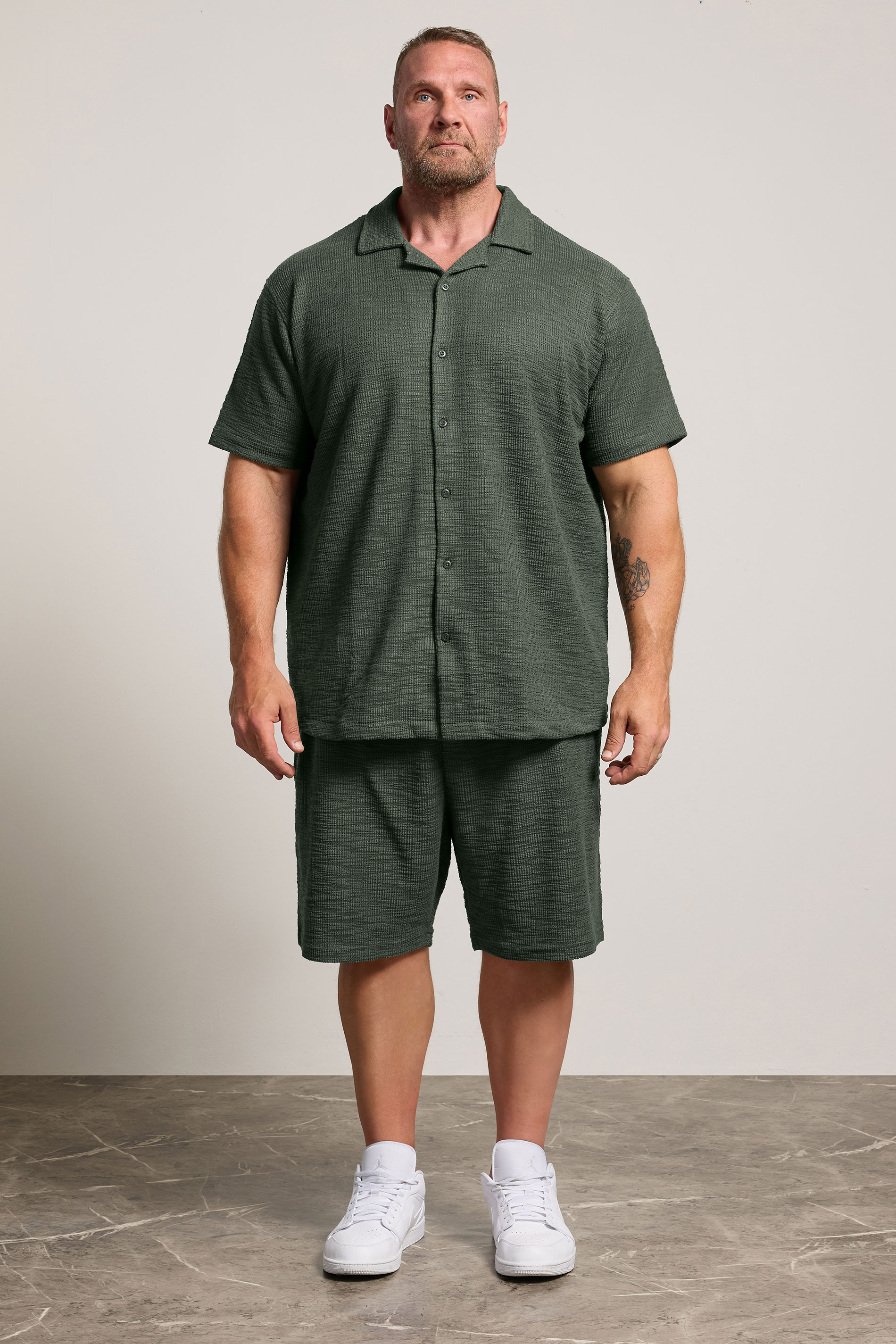 BadRhino Big & Tall Green Textured Revere Shirt & Short Co-ord Set | BadRhino 2