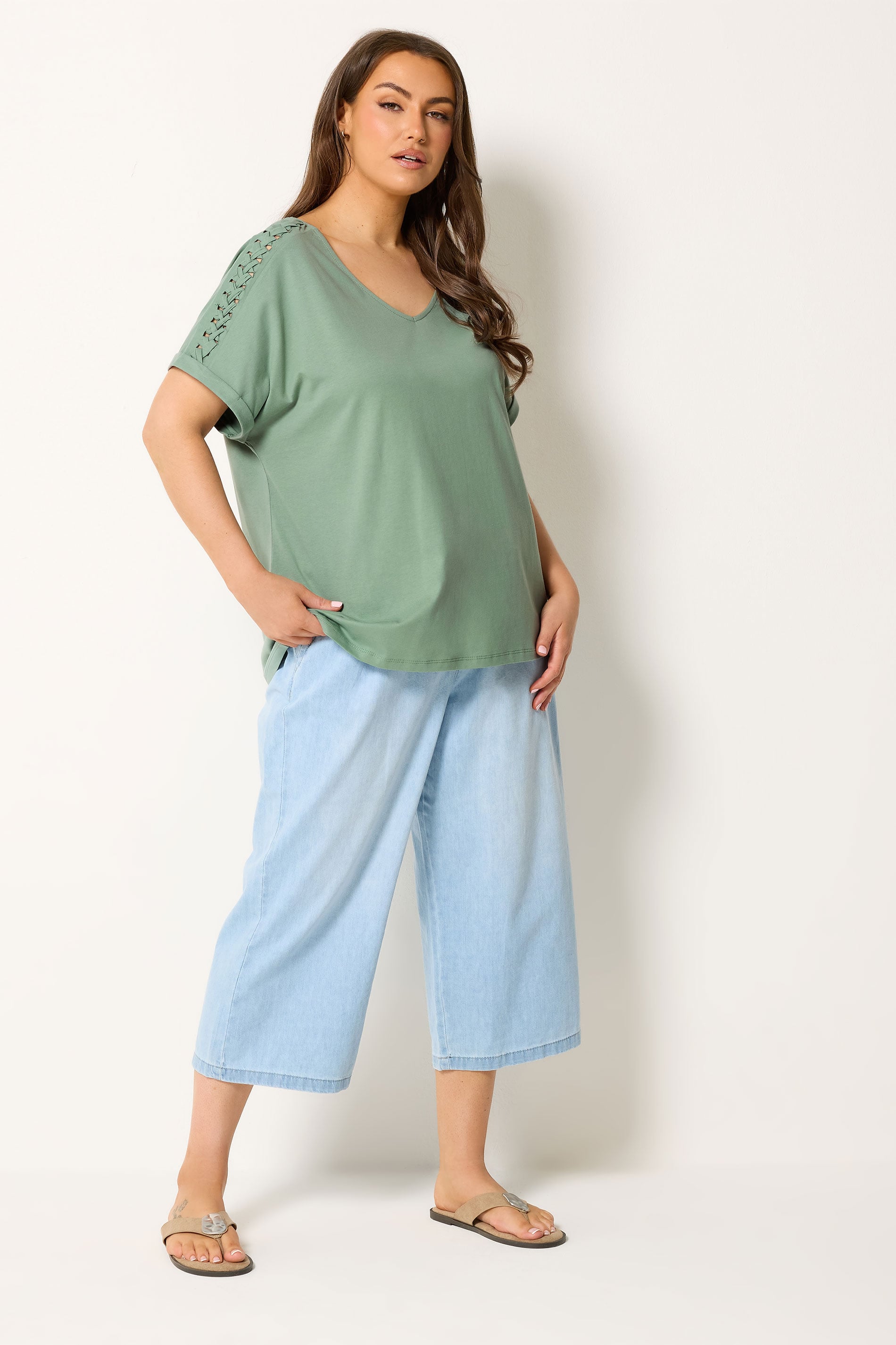 YOURS Plus Size Sage Green Lattice Grown On Sleeve T-Shirt | Yours Clothing 1