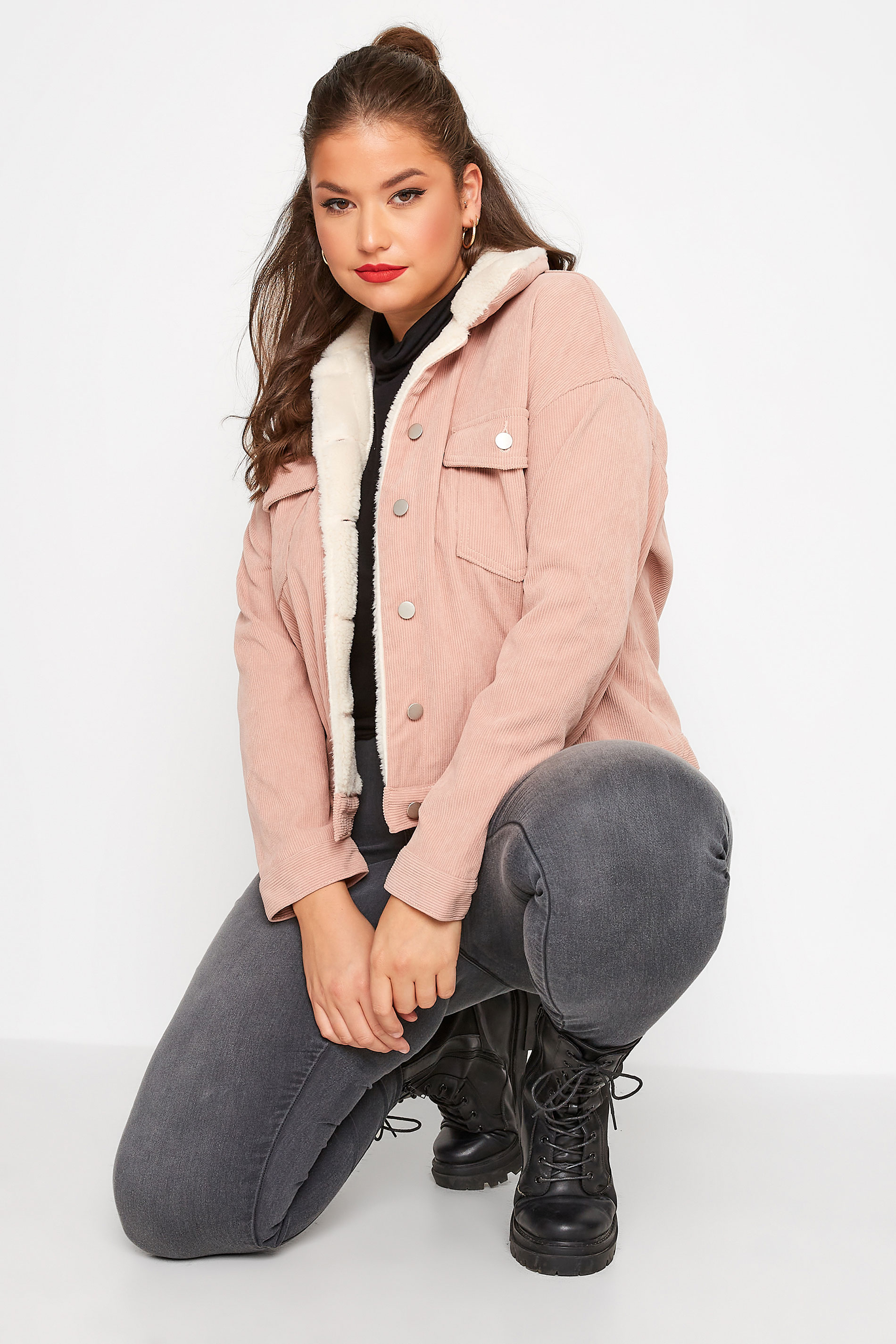 LIMITED COLLECTION Plus Size Pink Fur Collar Cord Jacket | Yours Clothing  1