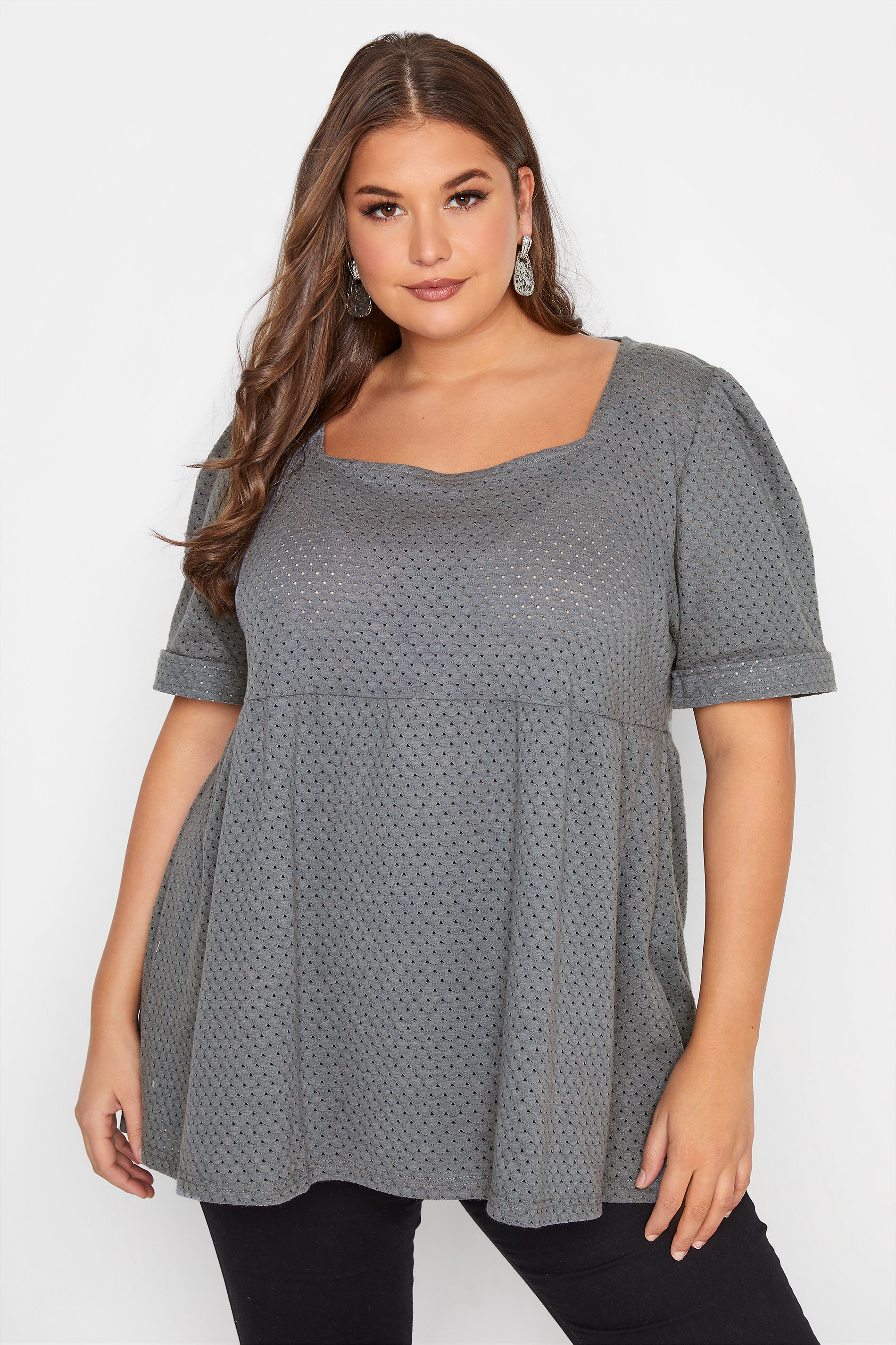 Curve Grey Broderie Anglaise Square Neck Peplum Top 1