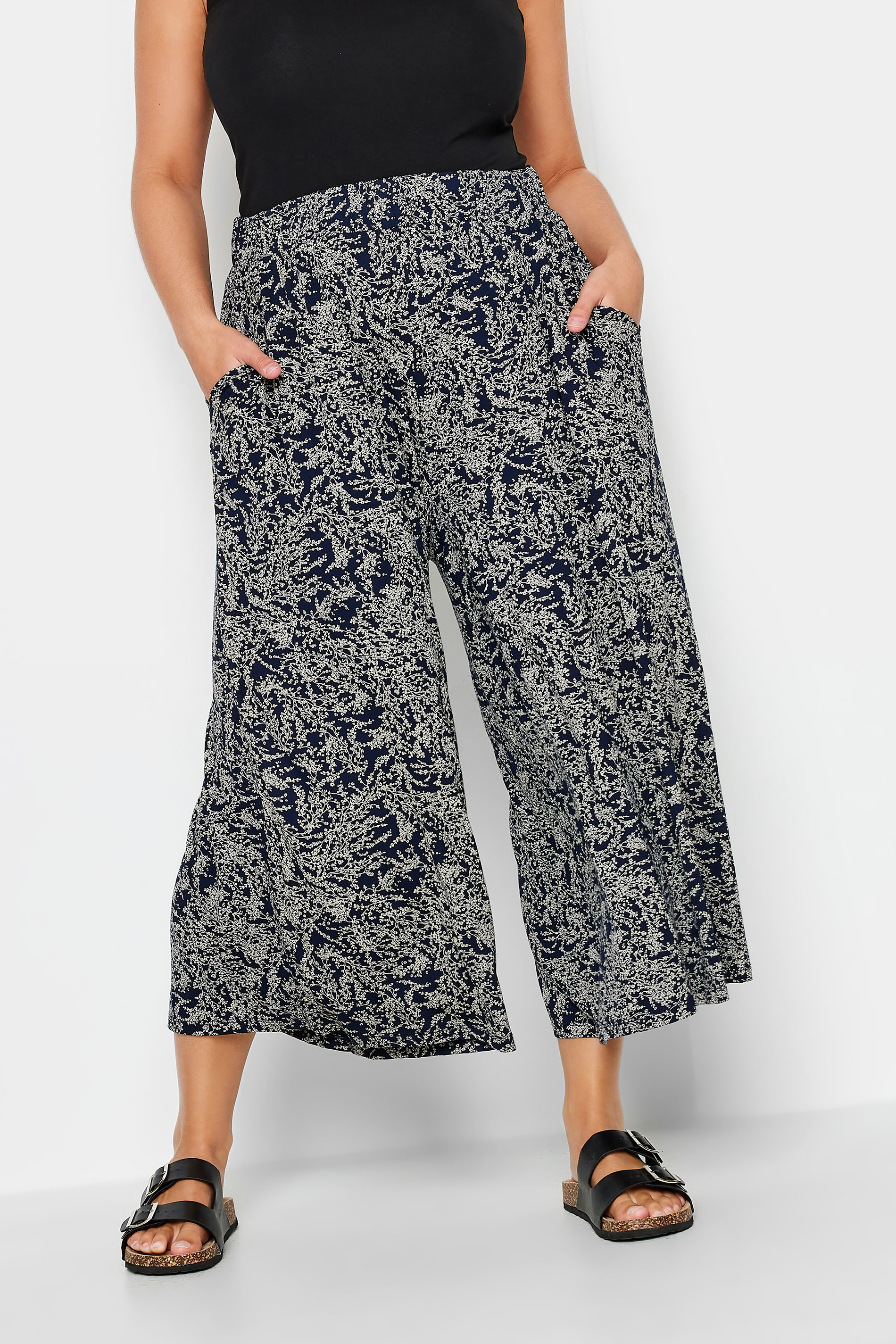 YOURS Plus Size Blue Ditsy Floral Print Midaxi Culottes | Yours Clothing 1