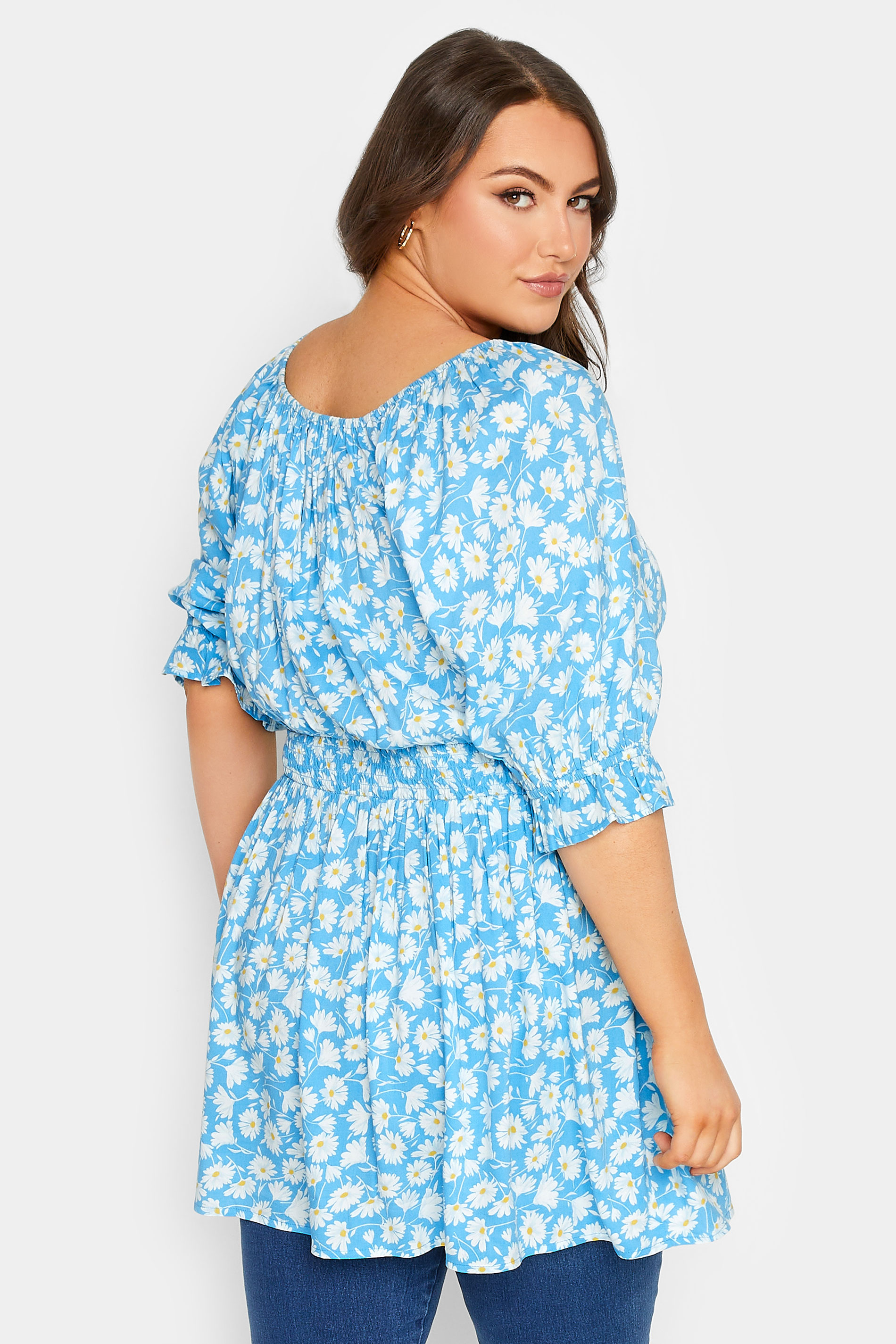 YOURS Plus Size Blue Floral Shirred Gypsy Top | Yours Clothing 3