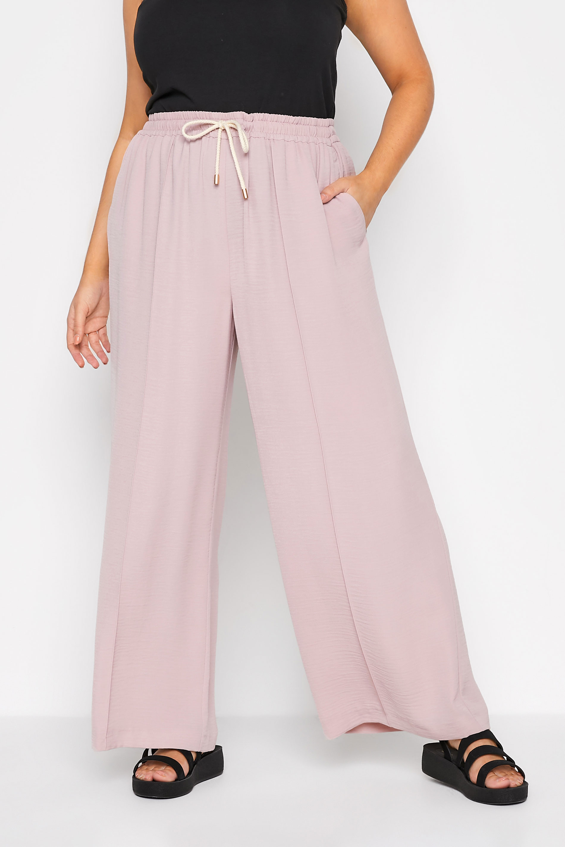 Plus Size Pink Lightweight Twill Wide Leg Trousers | Yours Clothing 1