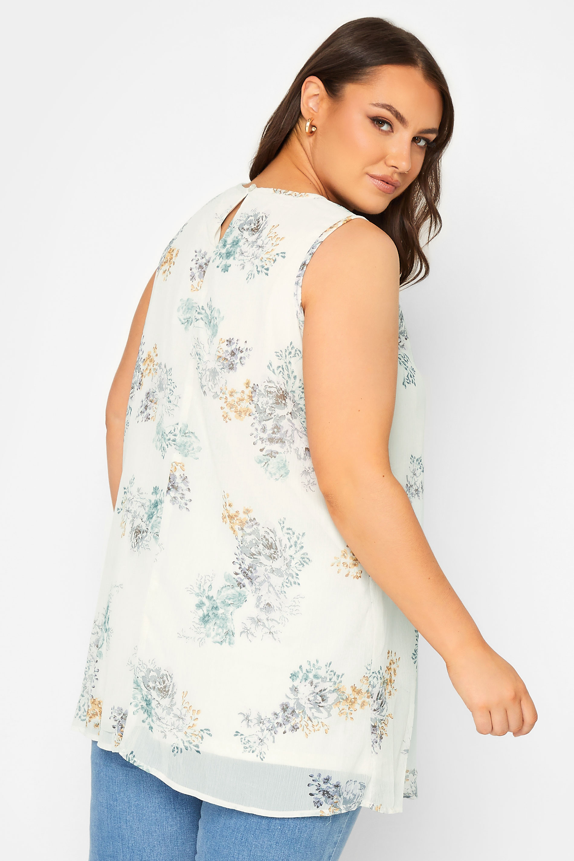 YOURS Plus Size White Floral Pintuck Sleeveless Blouse | Yours Clothing 3
