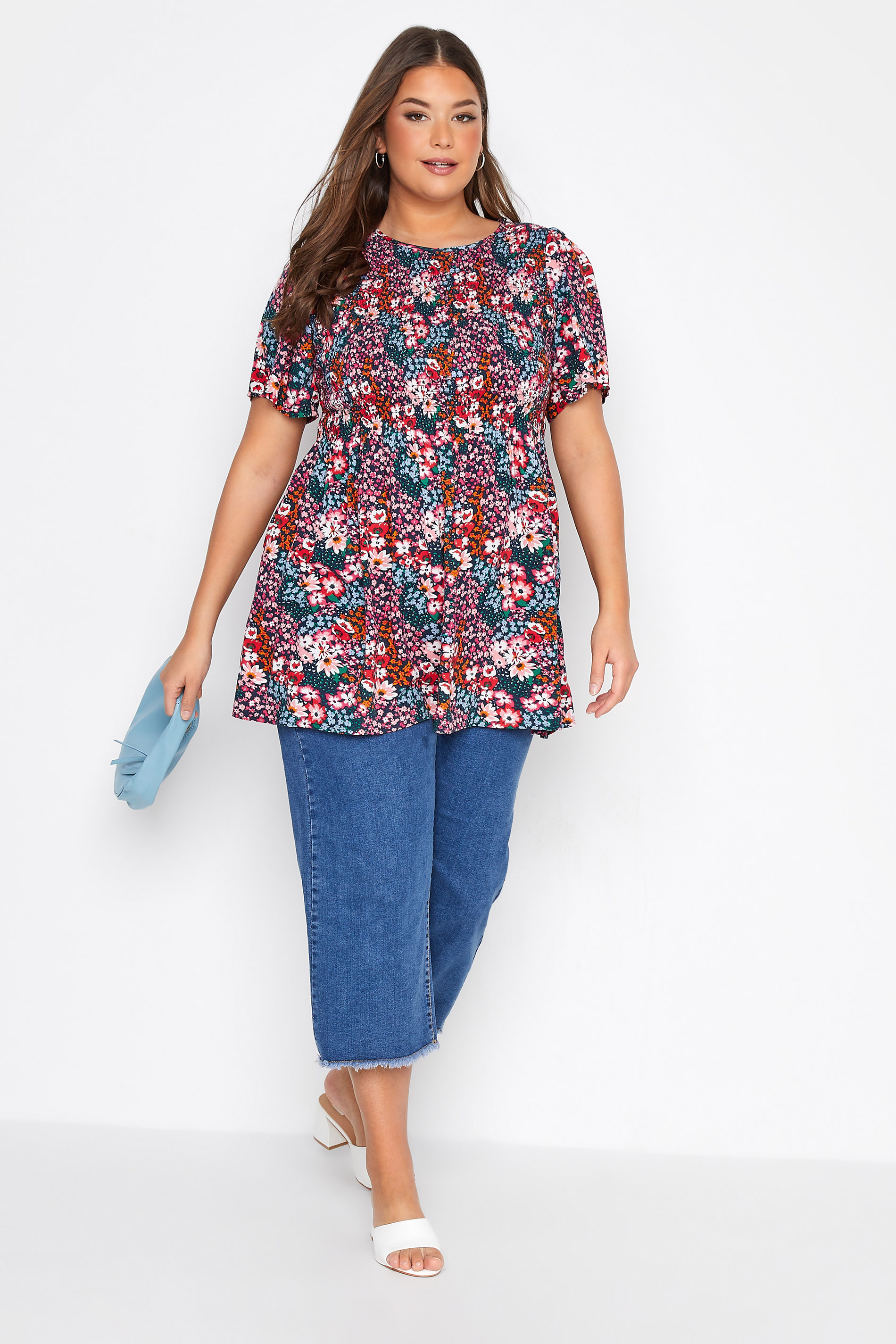 Plus Size Navy Blue Floral Print Shirred Top | Yours Clothing 2
