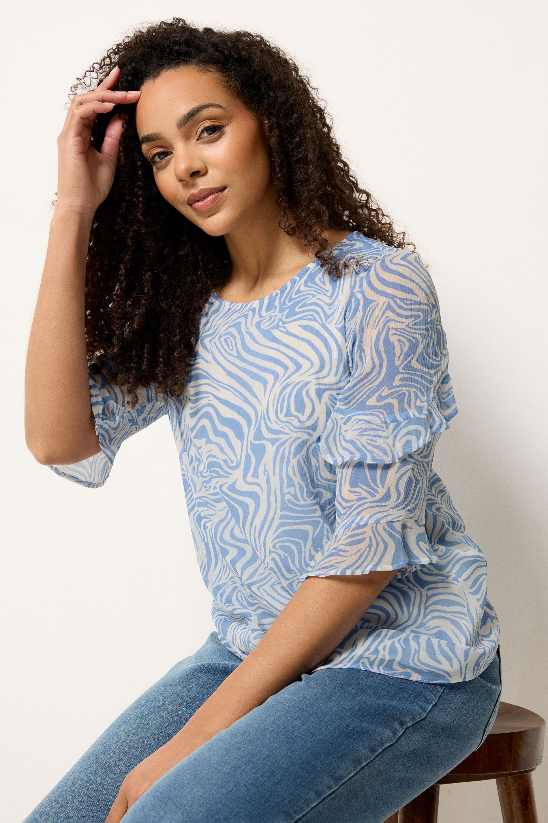 M&Co Blue & White Swirl Print Frill Sleeve Blouse | M&Co 3