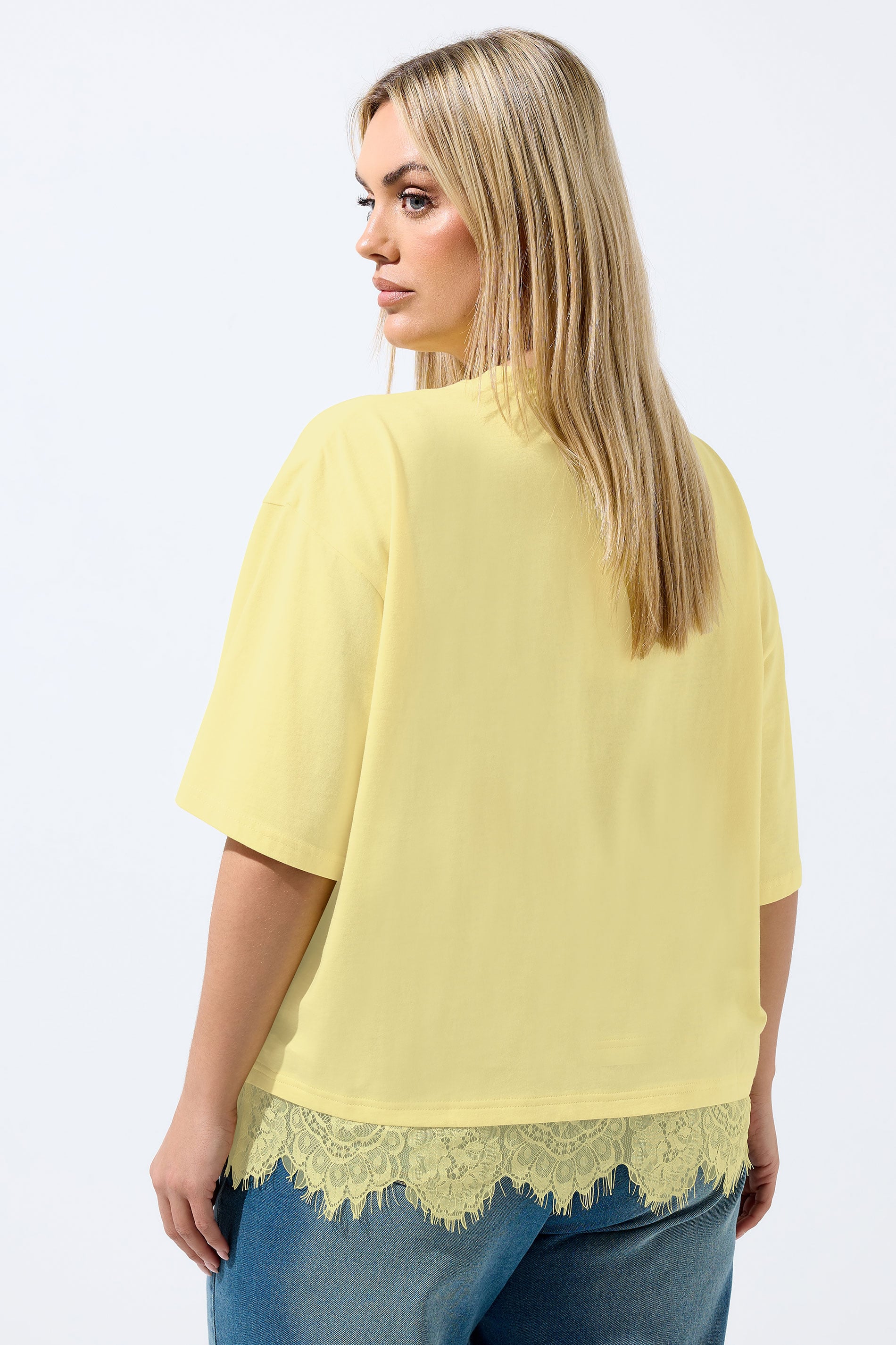LIMITED COLLECTION Plus Size Yellow Lace Hem T-Shirt | Yours Clothing 2