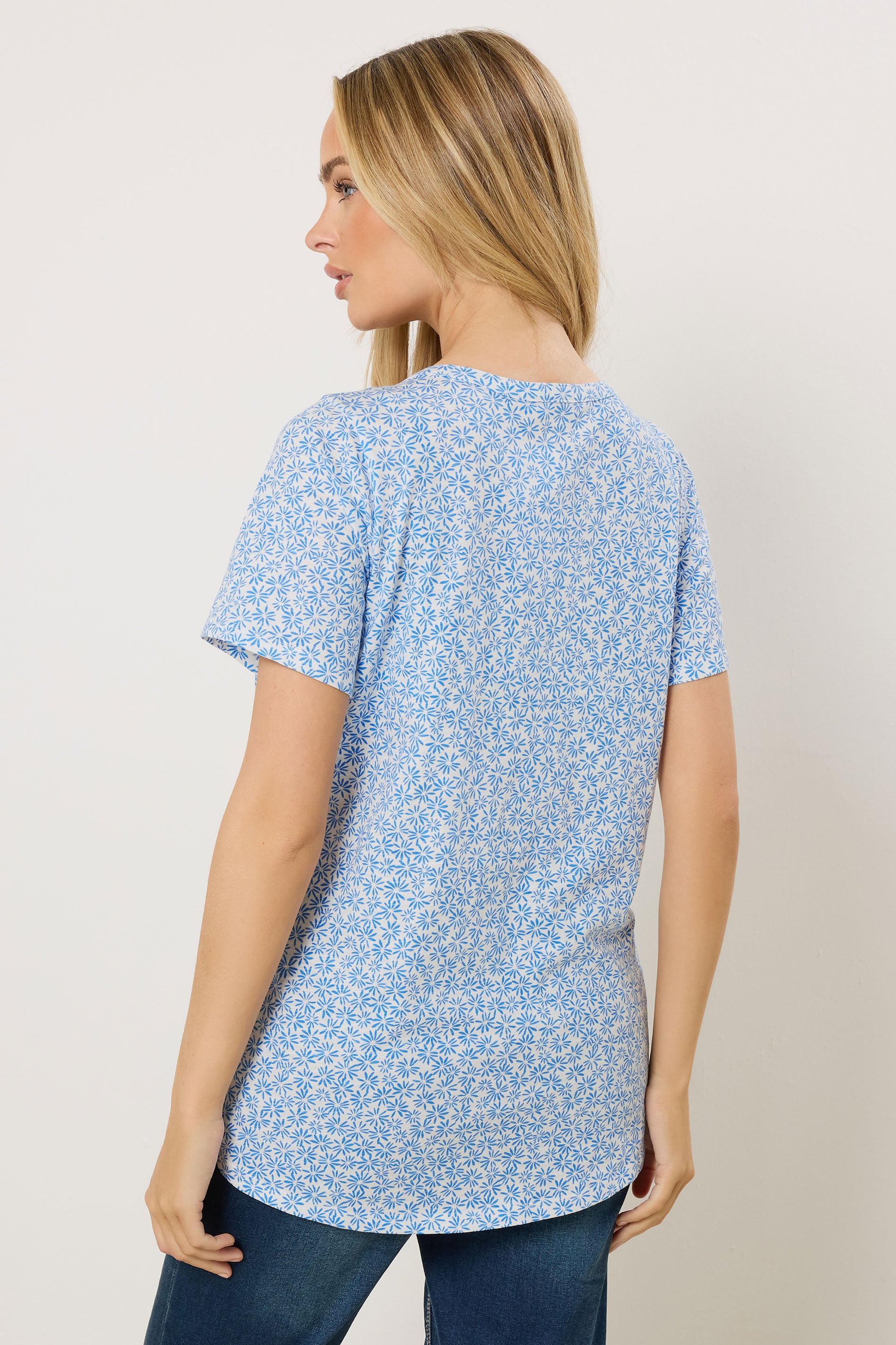 M&Co Blue Floral Short Sleeve Cotton Henley Top | M&Co 4