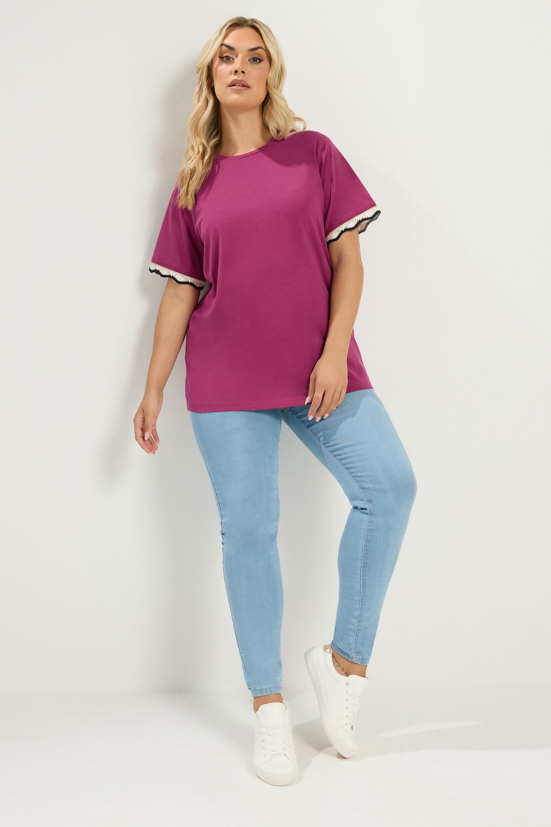 YOURS Plus Size Dark Pink Metallic Crochet Trim T-Shirt | Yours Clothing  1