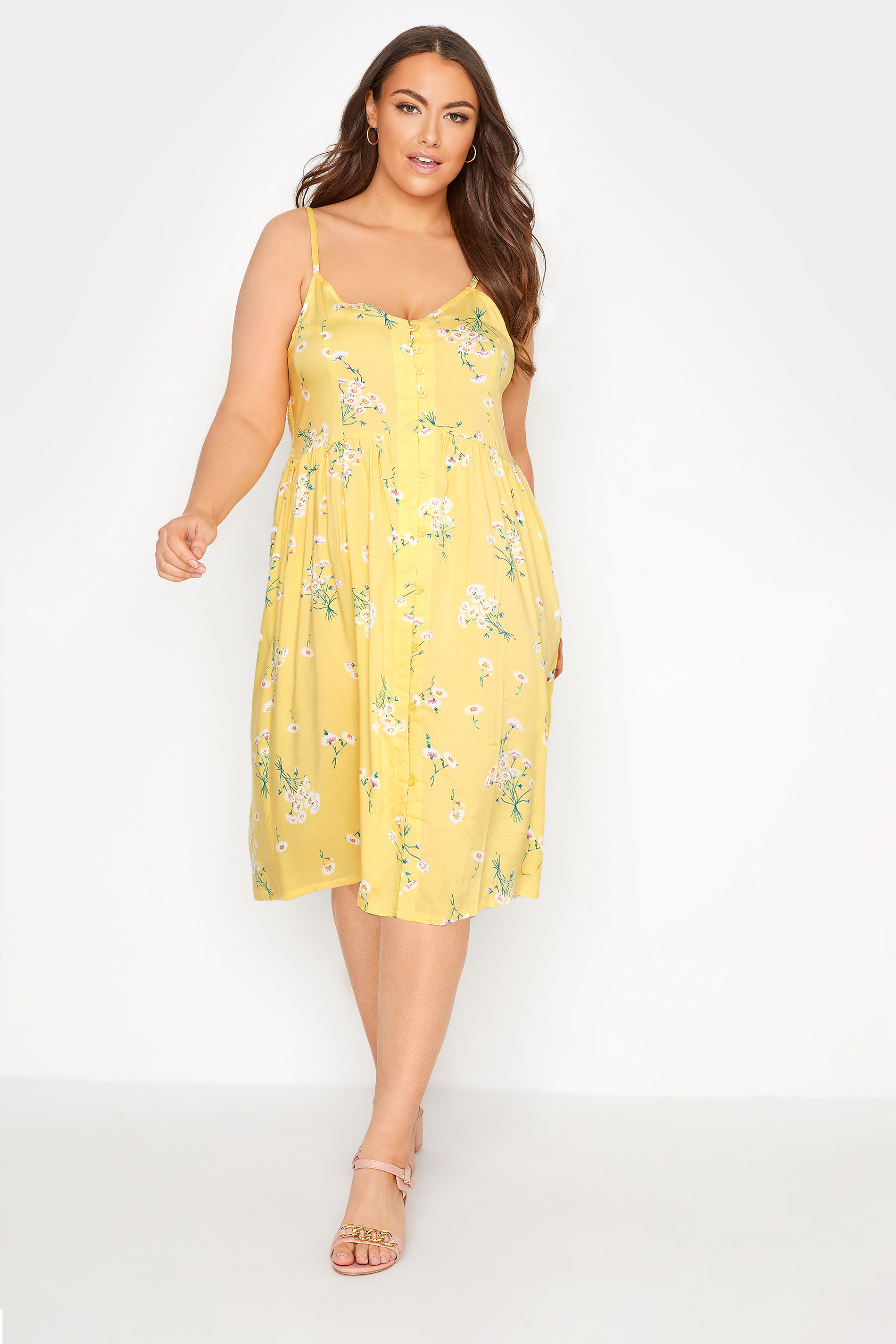 Curve Yellow Floral Button Front Cami Dress_A.jpg