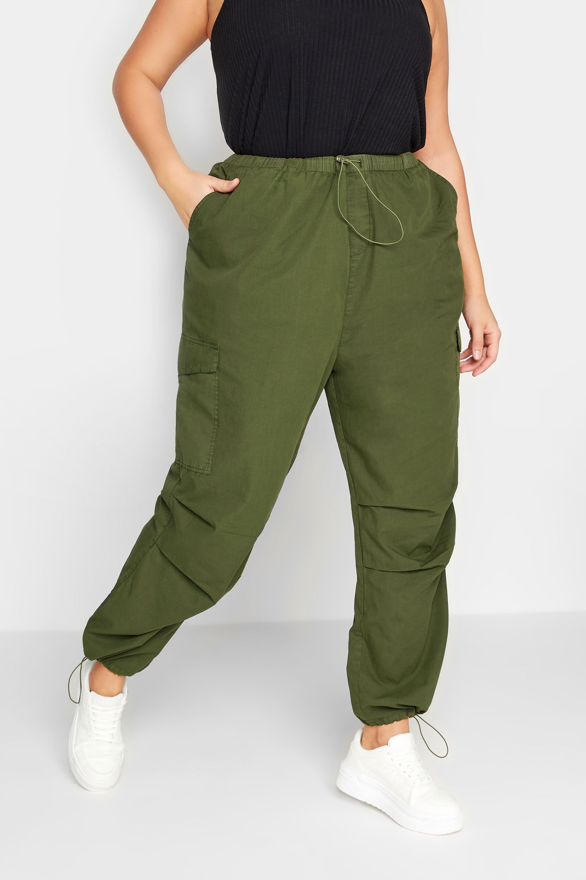 YOURS Curve Plus Size Khaki Green Cargo Parachute Trousers | Yours Clothing  1