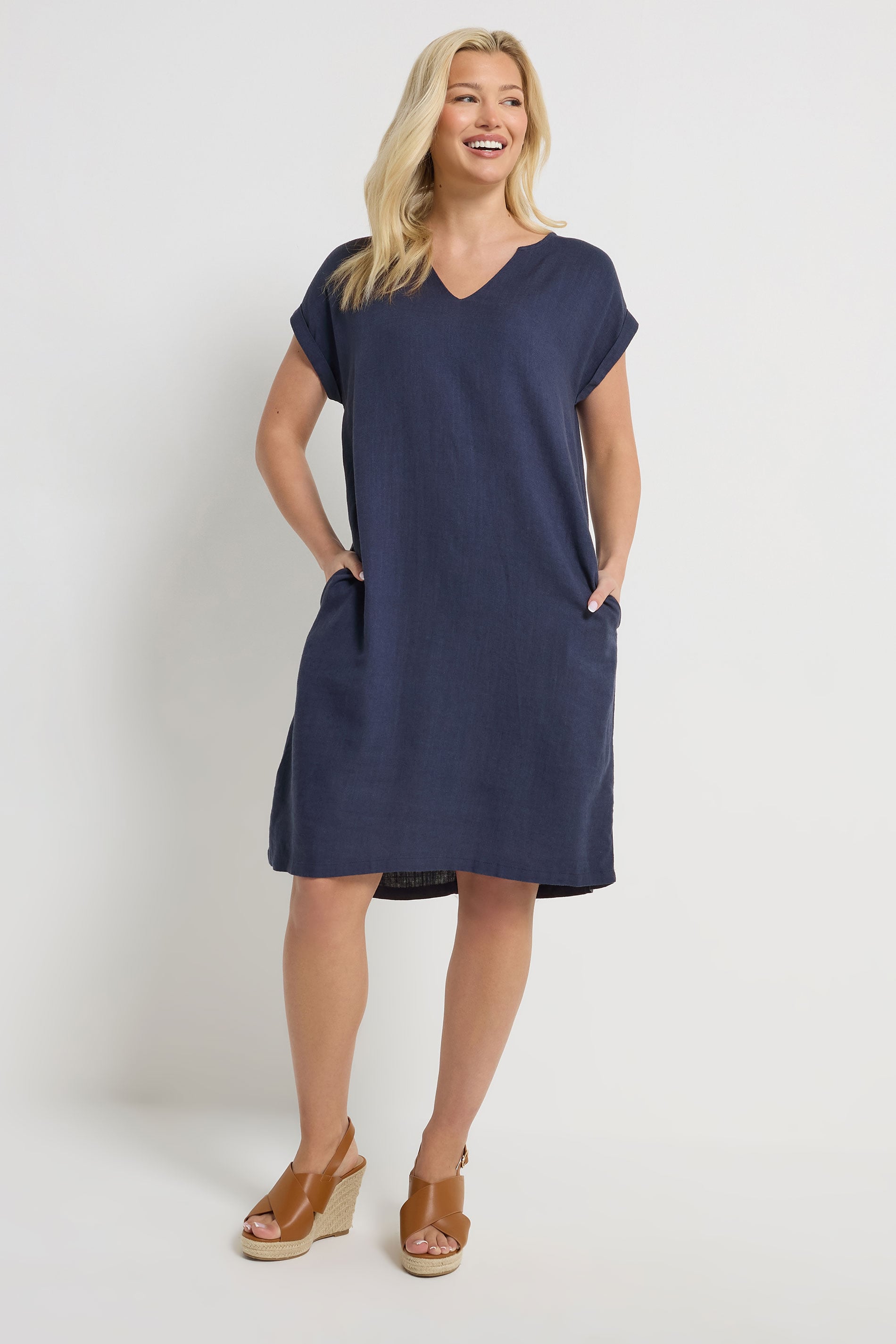 M&Co Navy Blue Notch Neck Linen Dress | M&Co 2