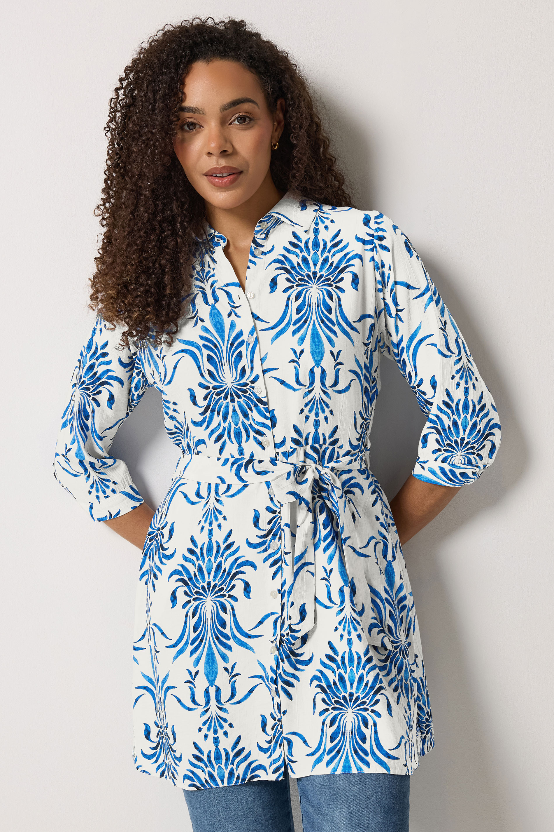 M&Co White & Blue Floral Print Tunic Shirt | M&Co 3