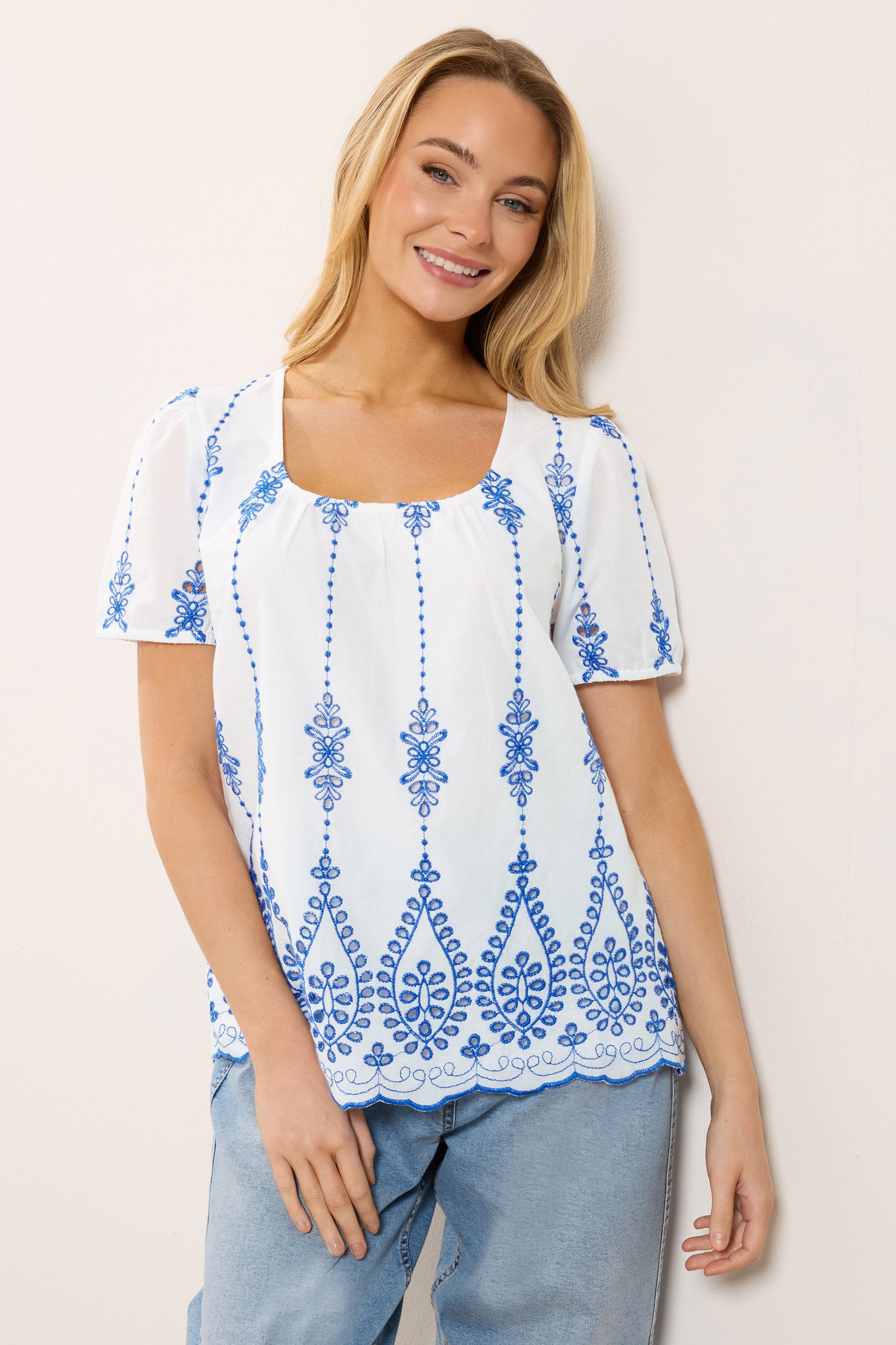 M&Co White & Blue Floral Broderie Cotton Short Sleeve Top | M&Co 3