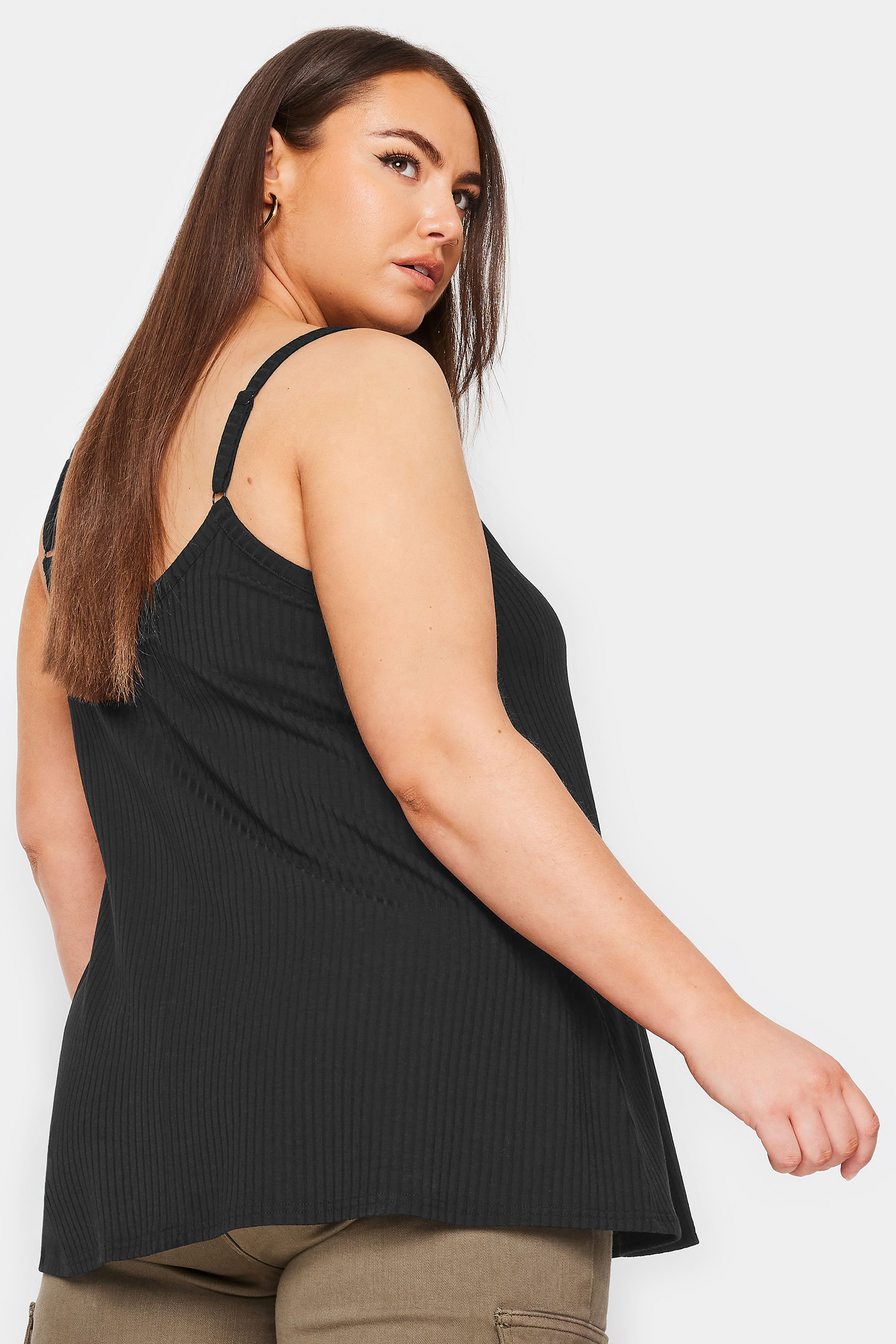 YOURS Plus Size Black Ribbed Button Front Cami Top | Yours Clothing 3
