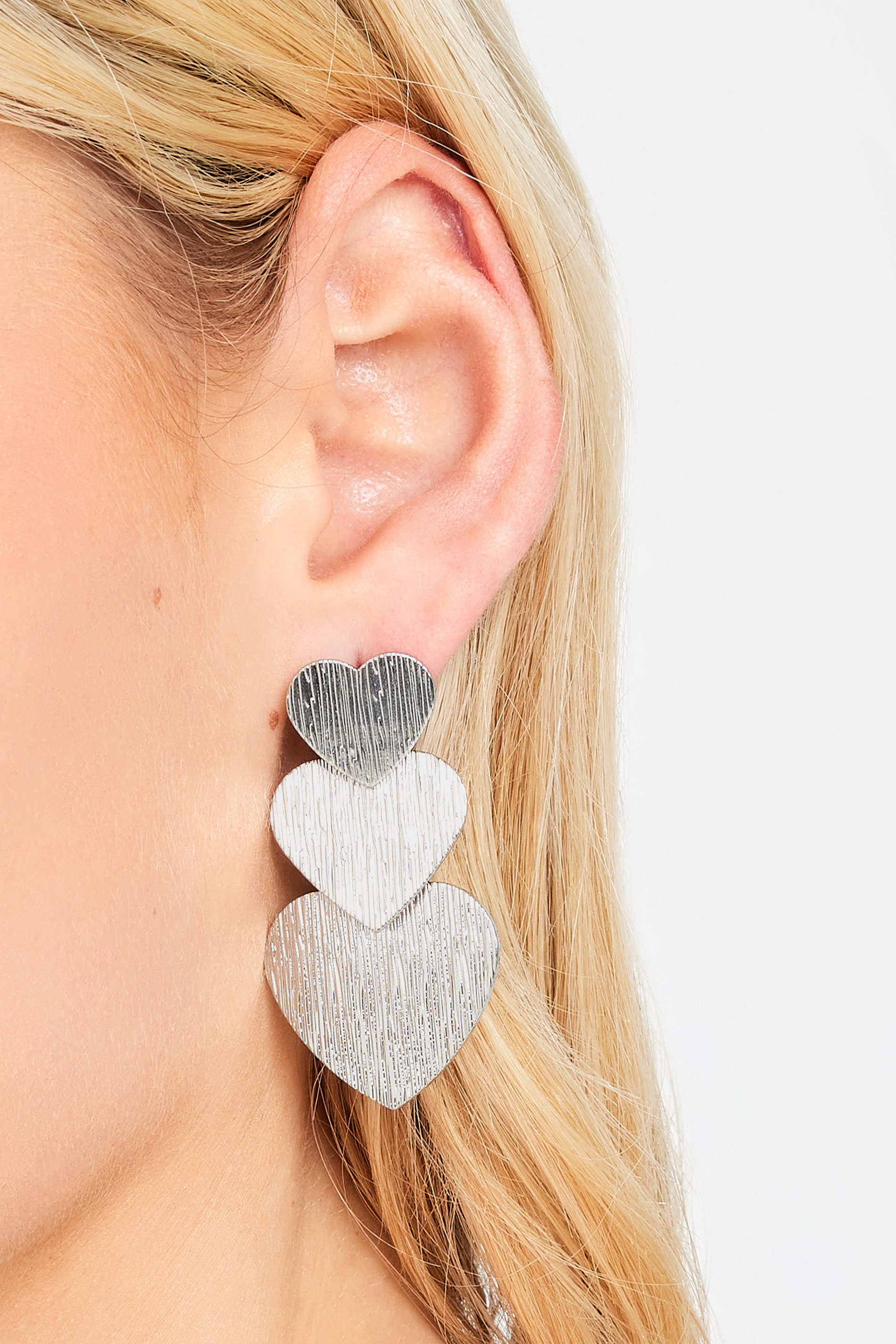 Silver Tone Triple Textured Heart Drop Earrings | Yours Clothing 1