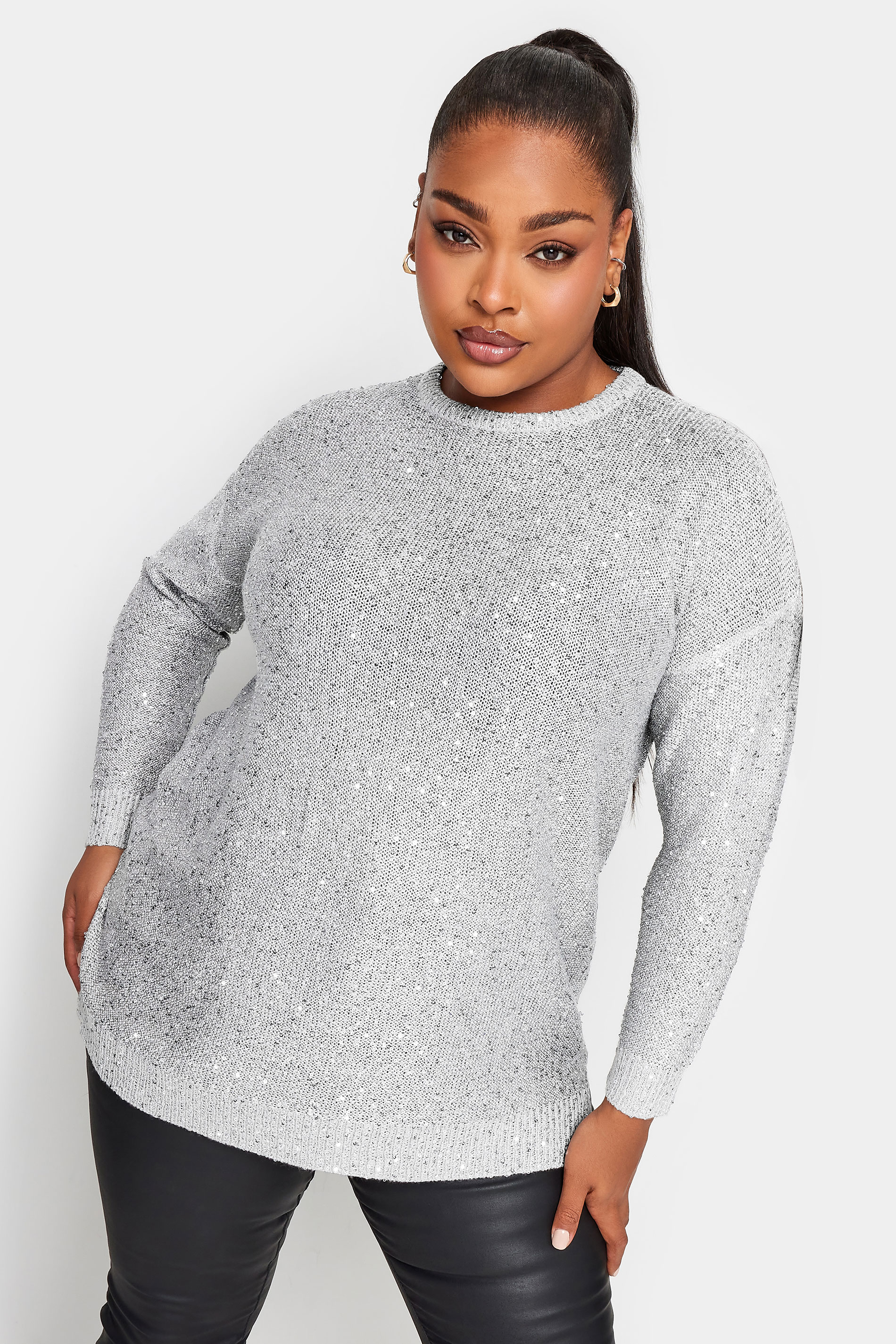 YOURS Plus Size Silver Sequin Embellished Jumper | Yours Clothing 2