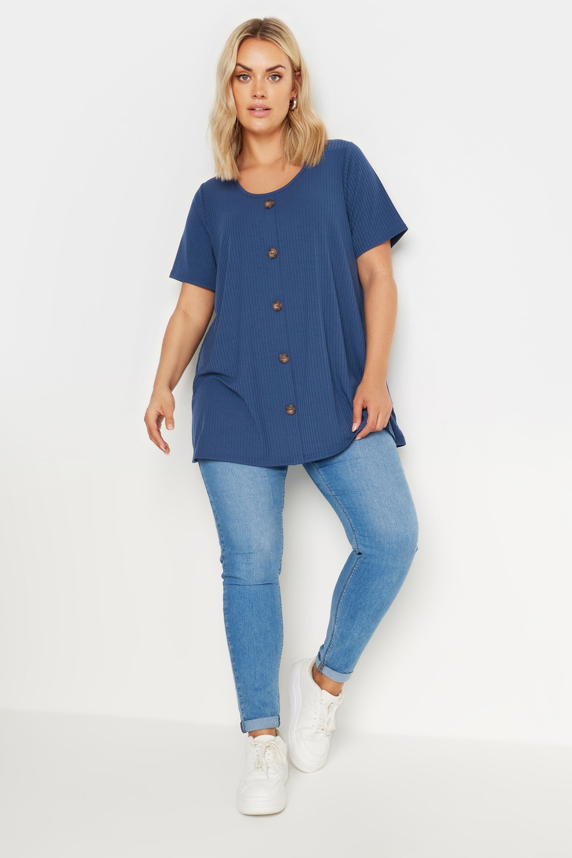 YOURS Plus Size Blue Button Front Ribbed T-Shirt | Yours Clothing