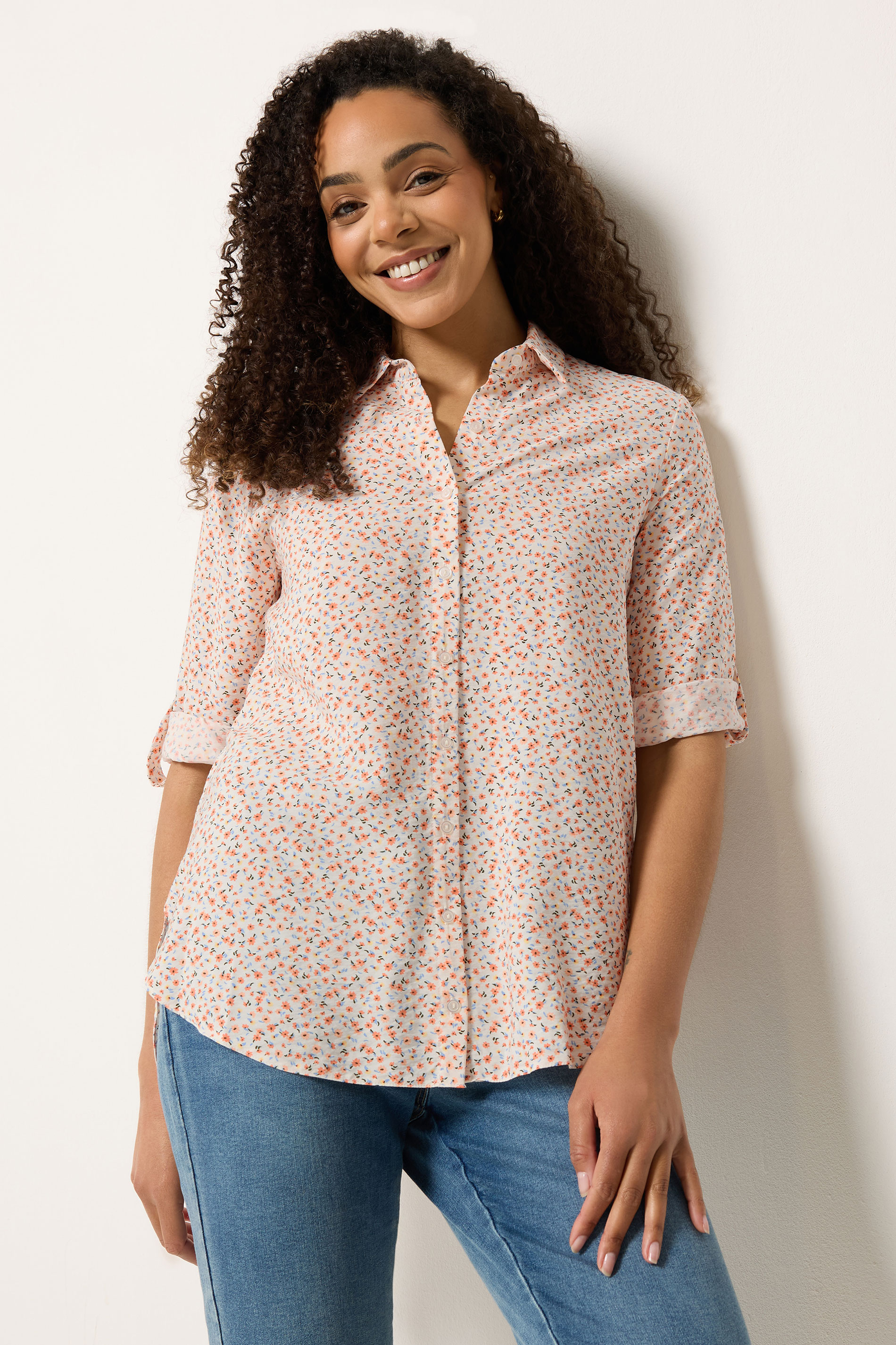 M&Co White & Orange Ditsy Floral Tab Sleeve Shirt 3