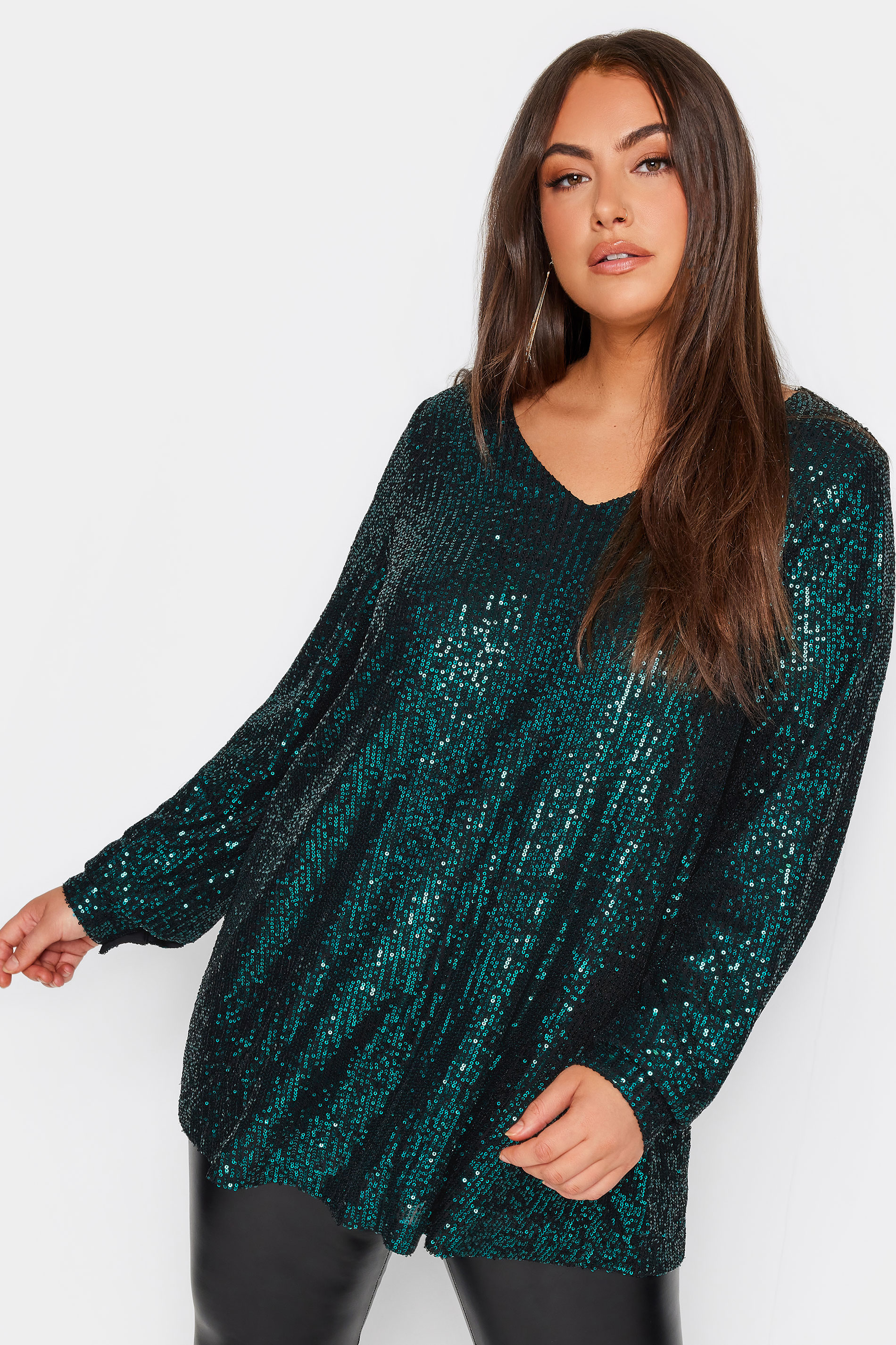 YOURS LONDON Plus Size Dark Green Sequin Embellished Long Sleeve Top | Yours Clothing 1